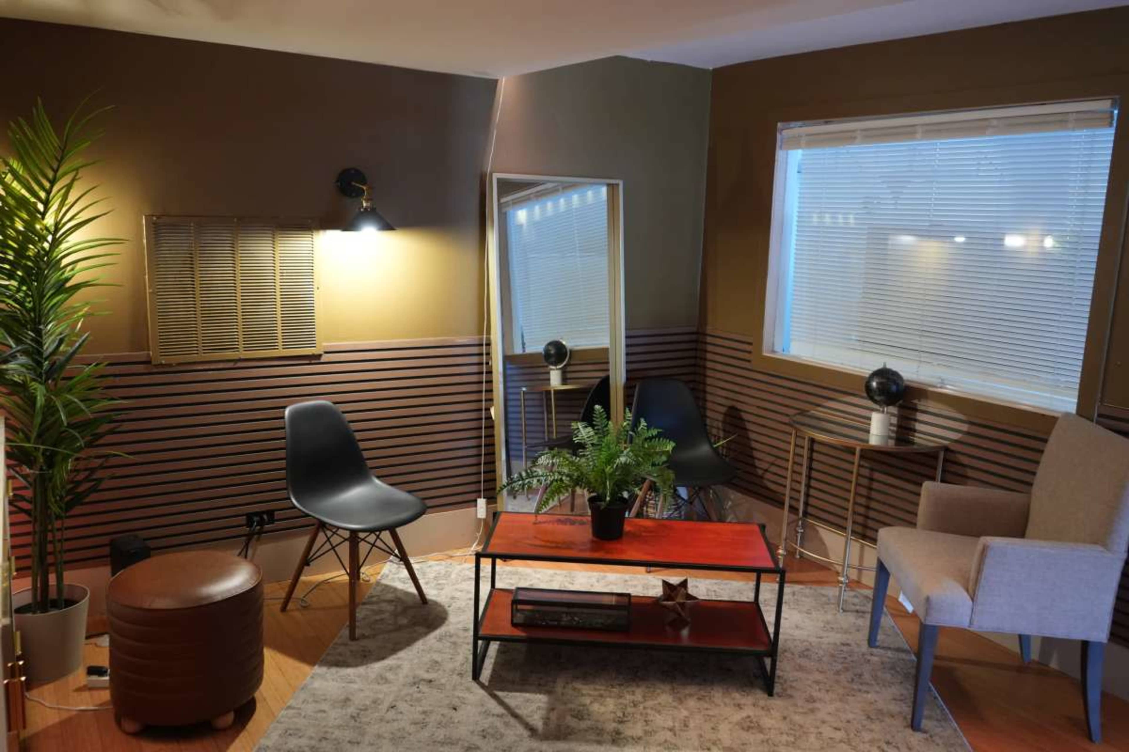 The image shows a cozy room featuring modern furniture, including black chairs, a small round table, a potted plant, and a rug on wooden flooring.