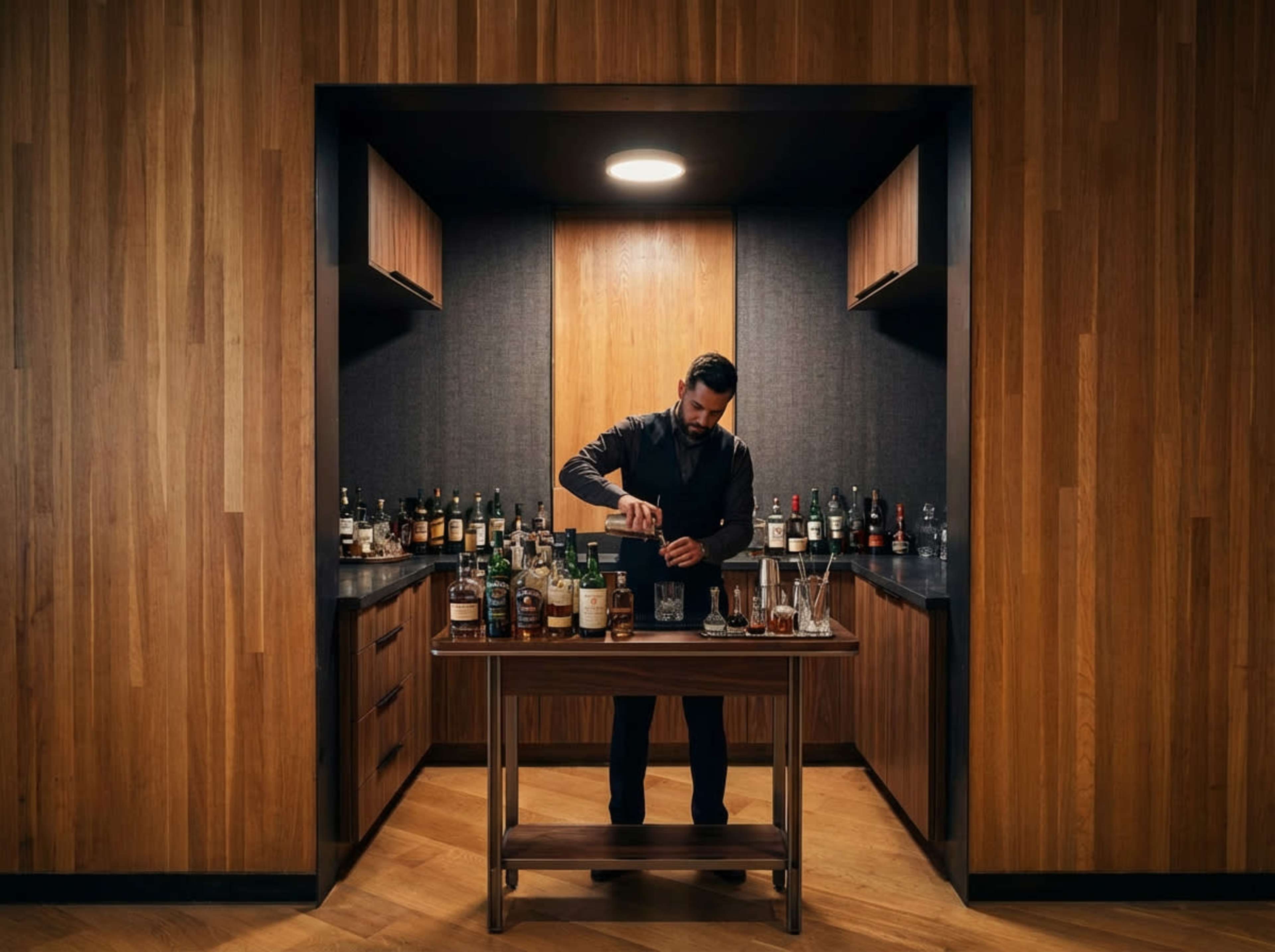 A bartender prepares drinks at a wooden bar surrounded by shelves filled with various bottles of alcohol.