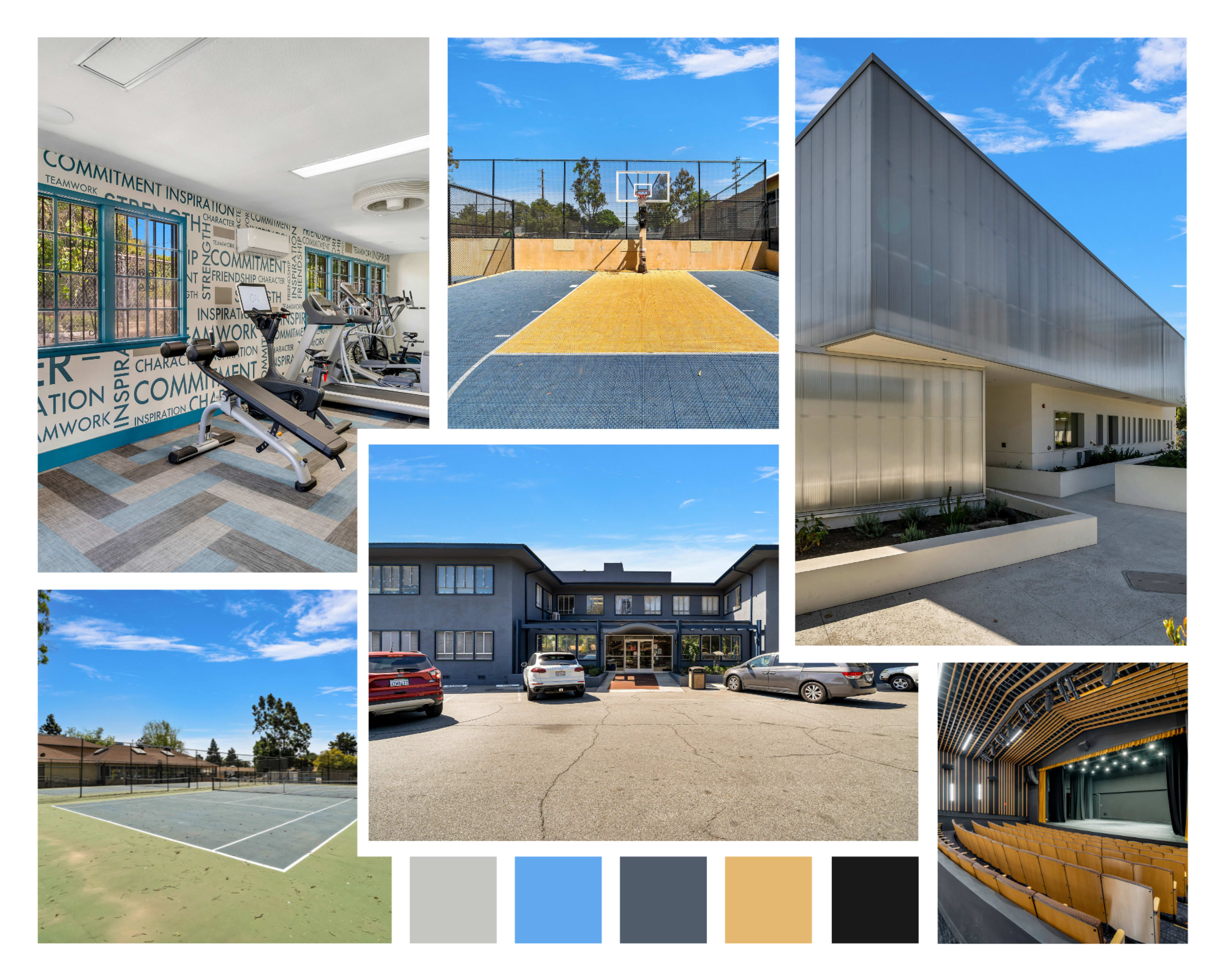 Various modern facilities, including a gym, basketball court, parking area, and a concert hall, all set against a clear blue sky.