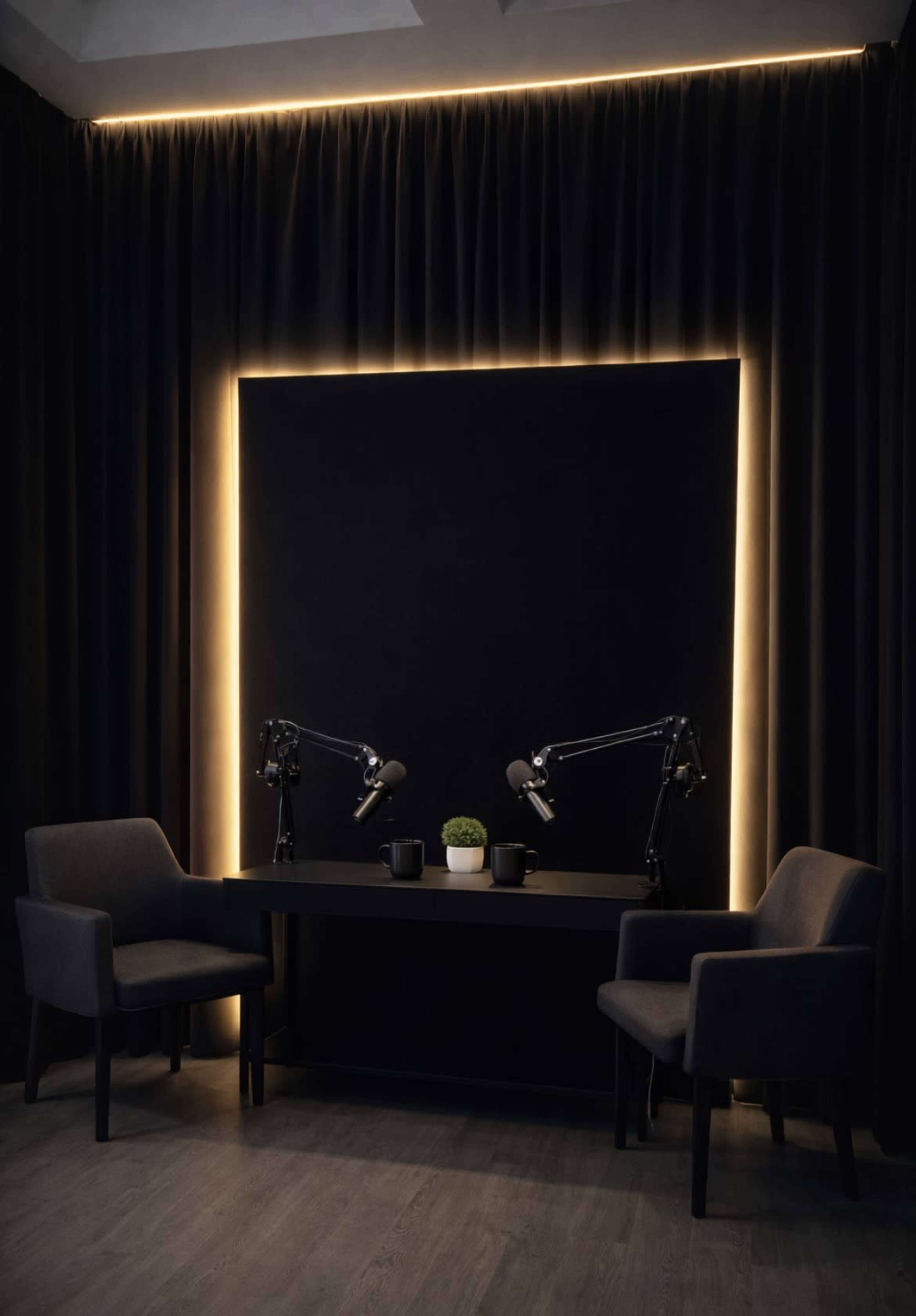 The image shows a modern recording studio setup with two microphone stands positioned at a black desk, flanked by two chairs, against a dark curtain background illuminated by a rectangular light frame.