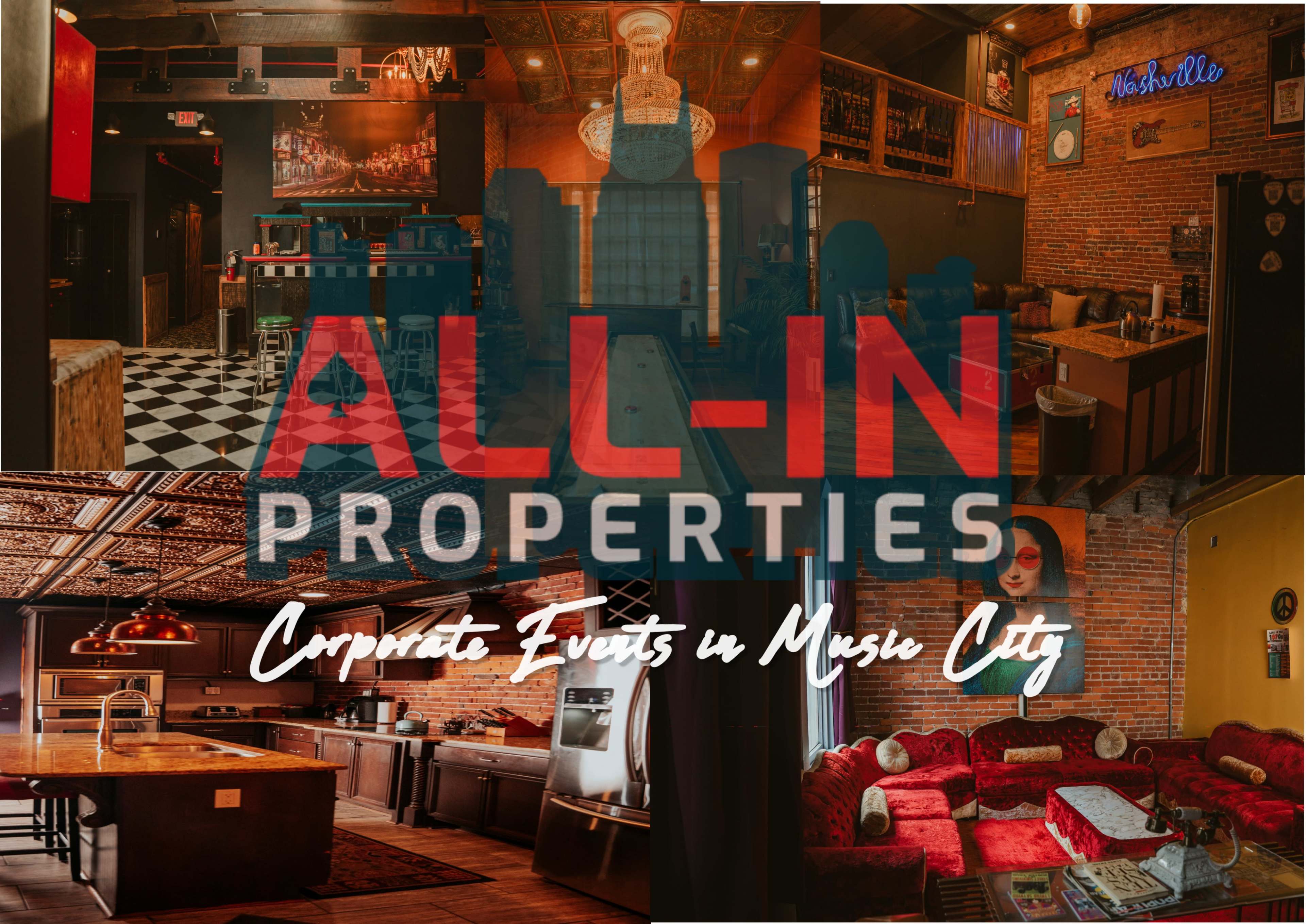 The image showcases an interior collage of a venue featuring a stylish kitchen, a lively bar area, and vibrant decor, all set against a backdrop of Nashville's skyline.