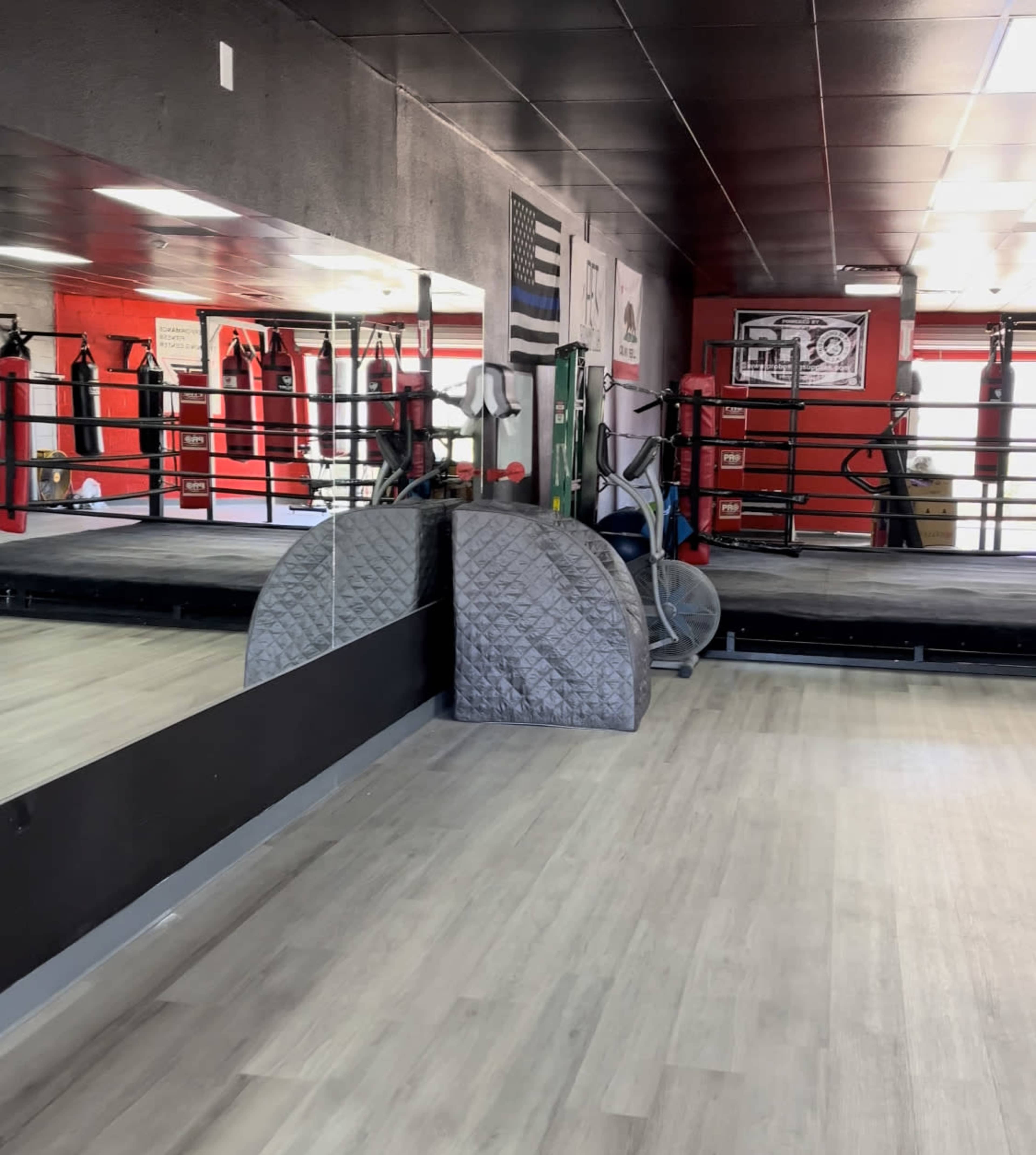 The image shows a boxing gym with a mirrored wall and a boxing ring in the background, complemented by training equipment along the side.