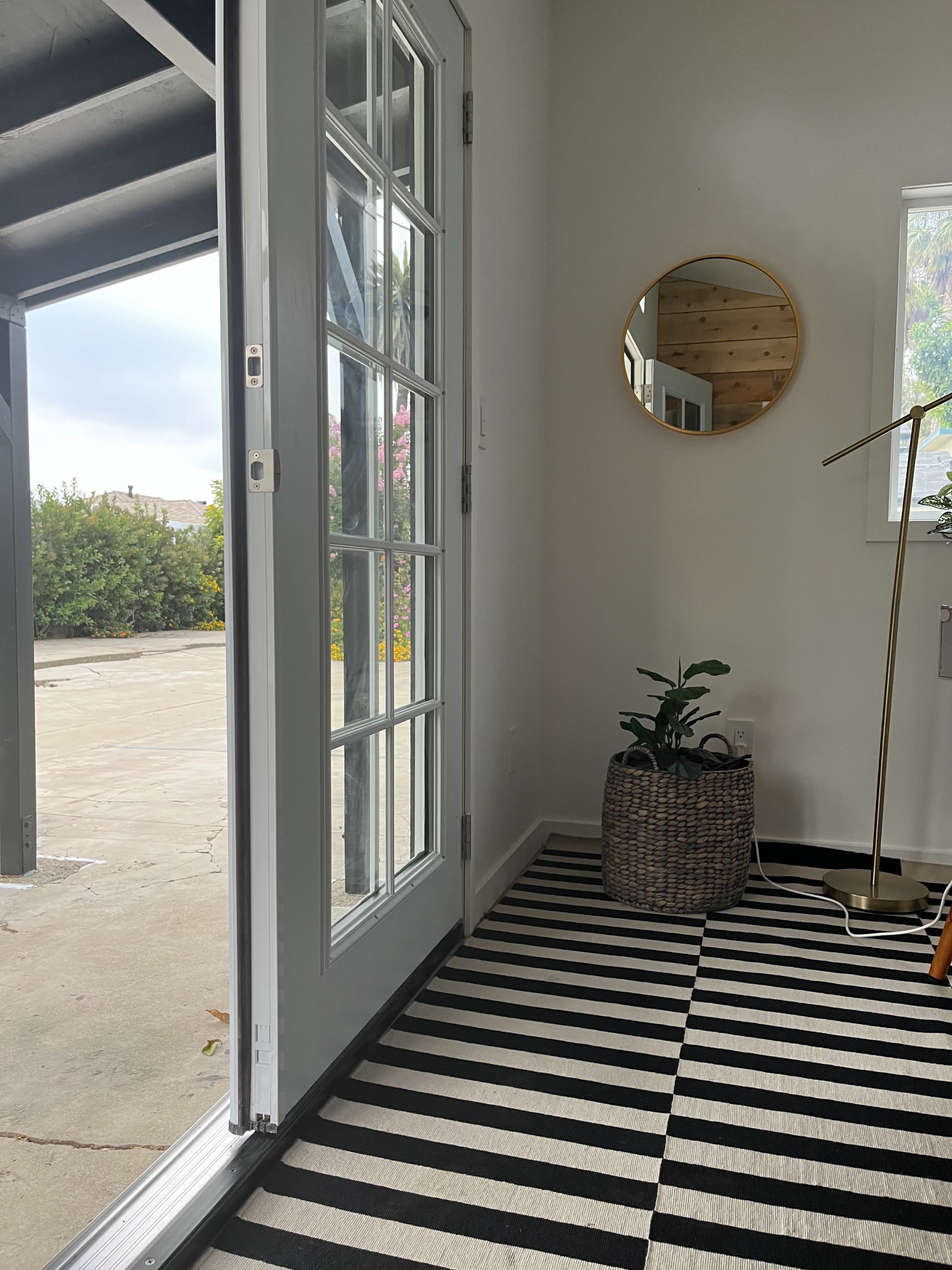 The image shows an interior space with a black and white striped rug, a potted plant in a woven basket, and a wall mirror, alongside a partially open glass door that leads outside.