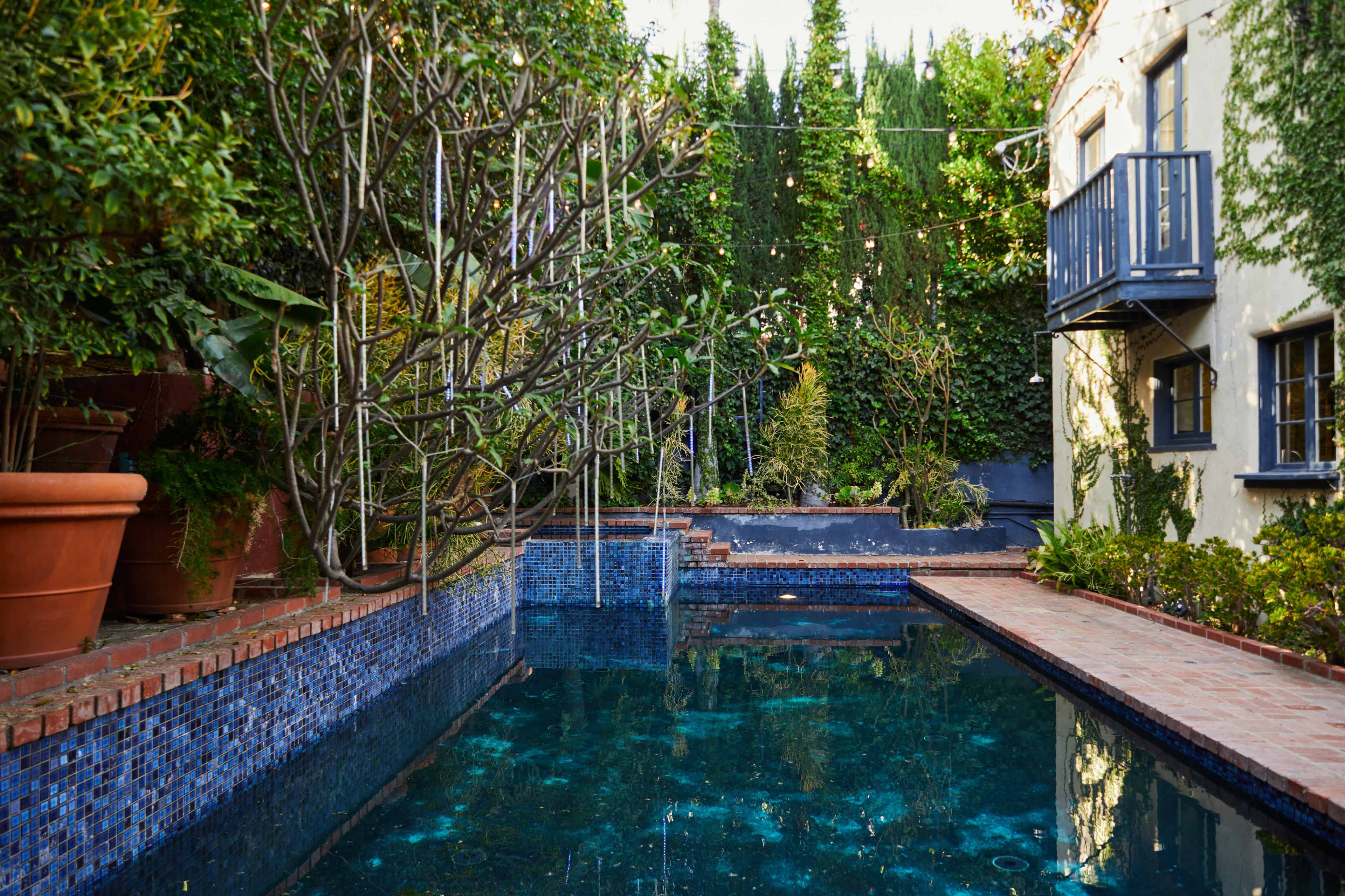 A rectangular swimming pool surrounded by lush greenery and brick pathways, with a tree growing near the water's edge and a multi-story building in the background.