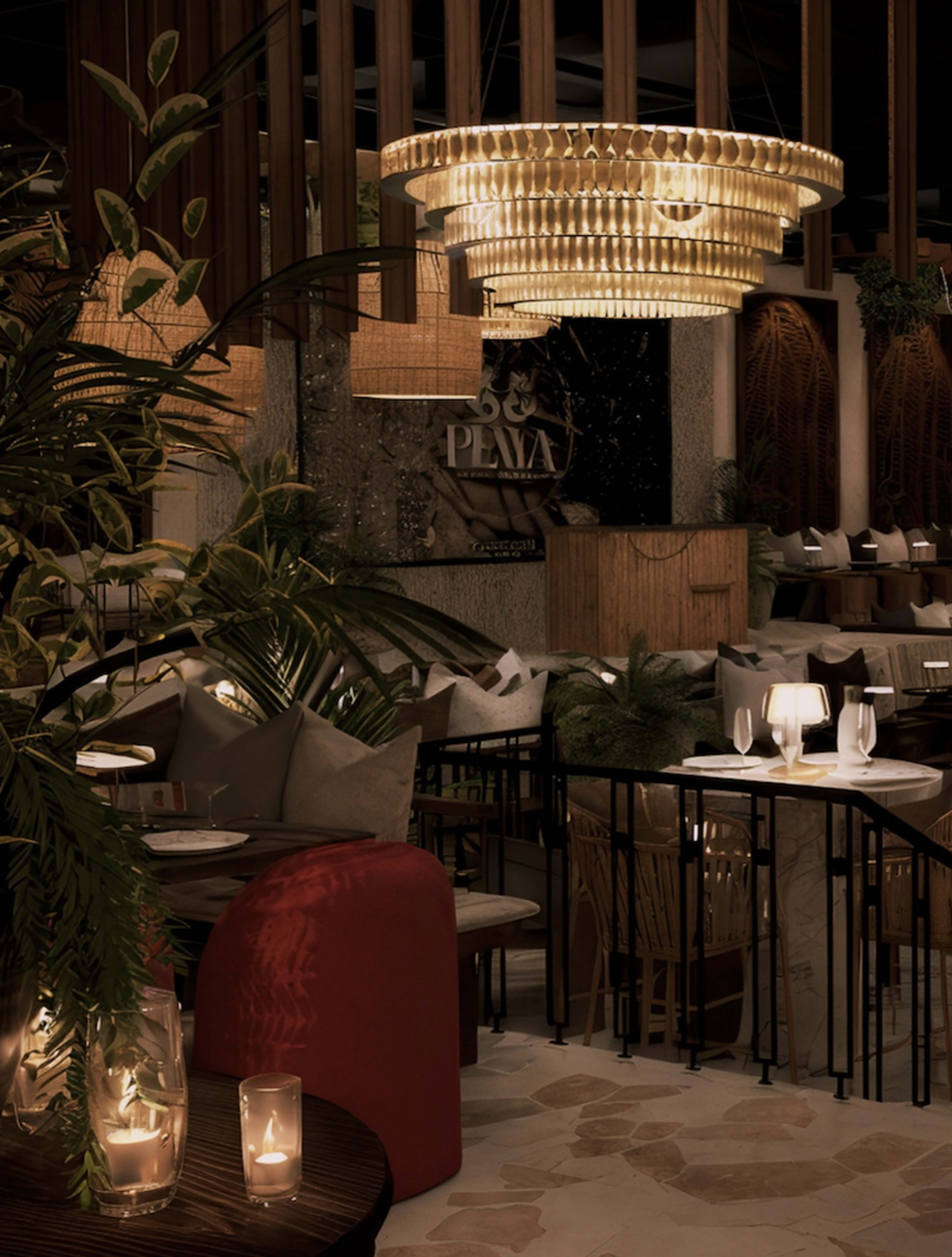 The image shows a modern restaurant interior with wooden accents, decorative lighting, and a mix of seating arrangements.
