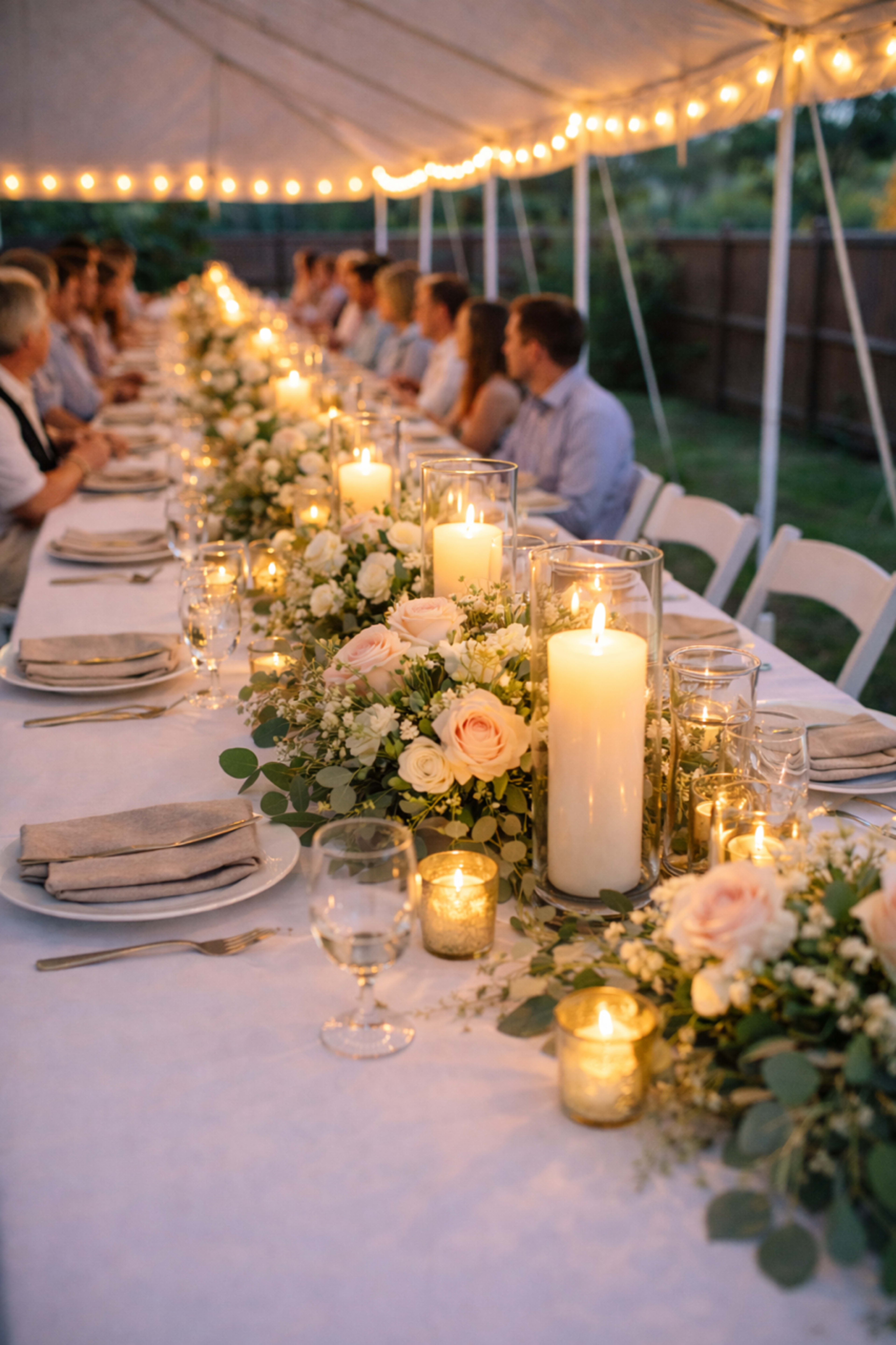 A long, elegantly set outdoor dining table is adorned with flowers and candle centerpieces, under a tent with string lights glowing above.