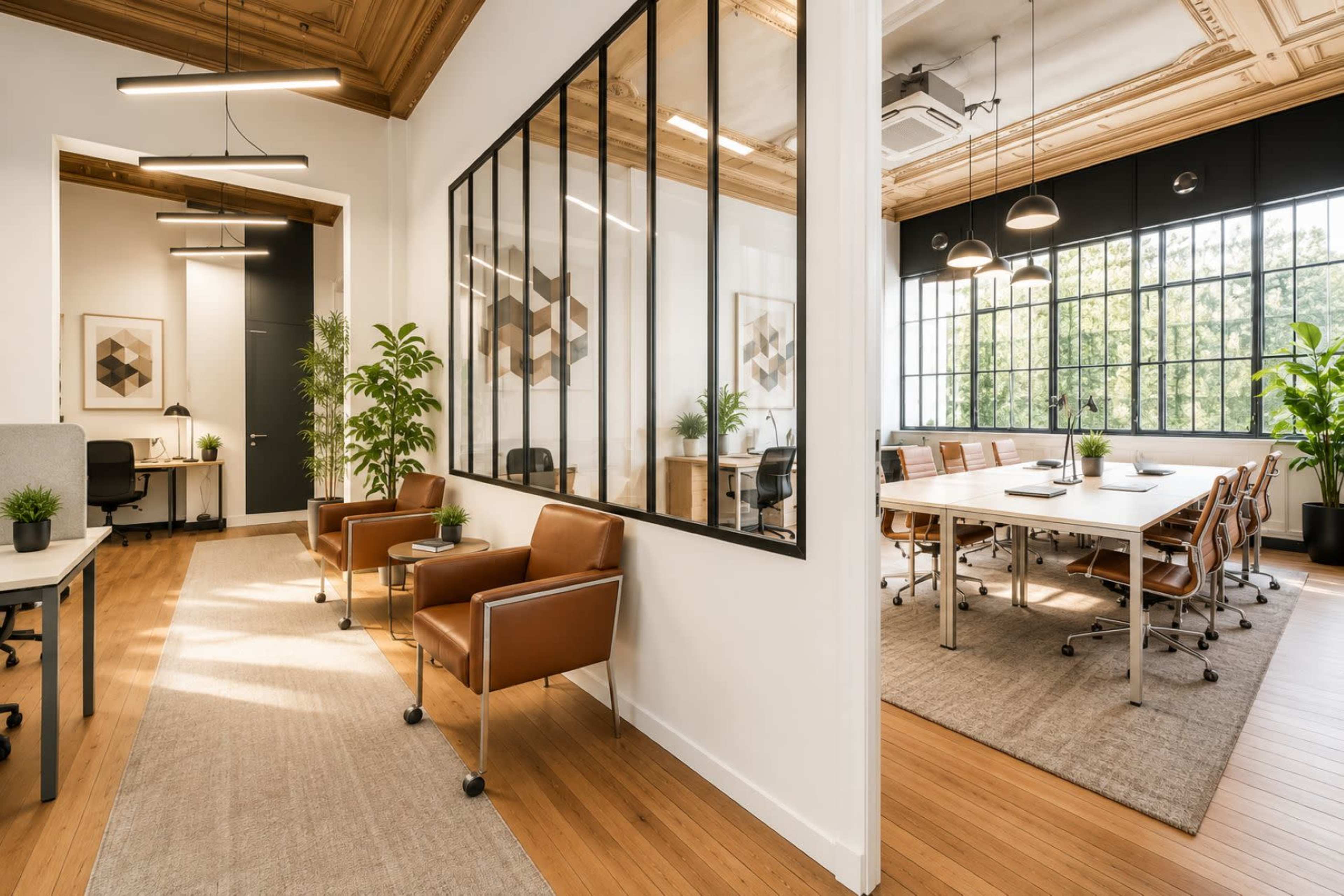 The image shows a modern office space with glass partitions, wooden floors, and a meeting area filled with natural light and greenery.