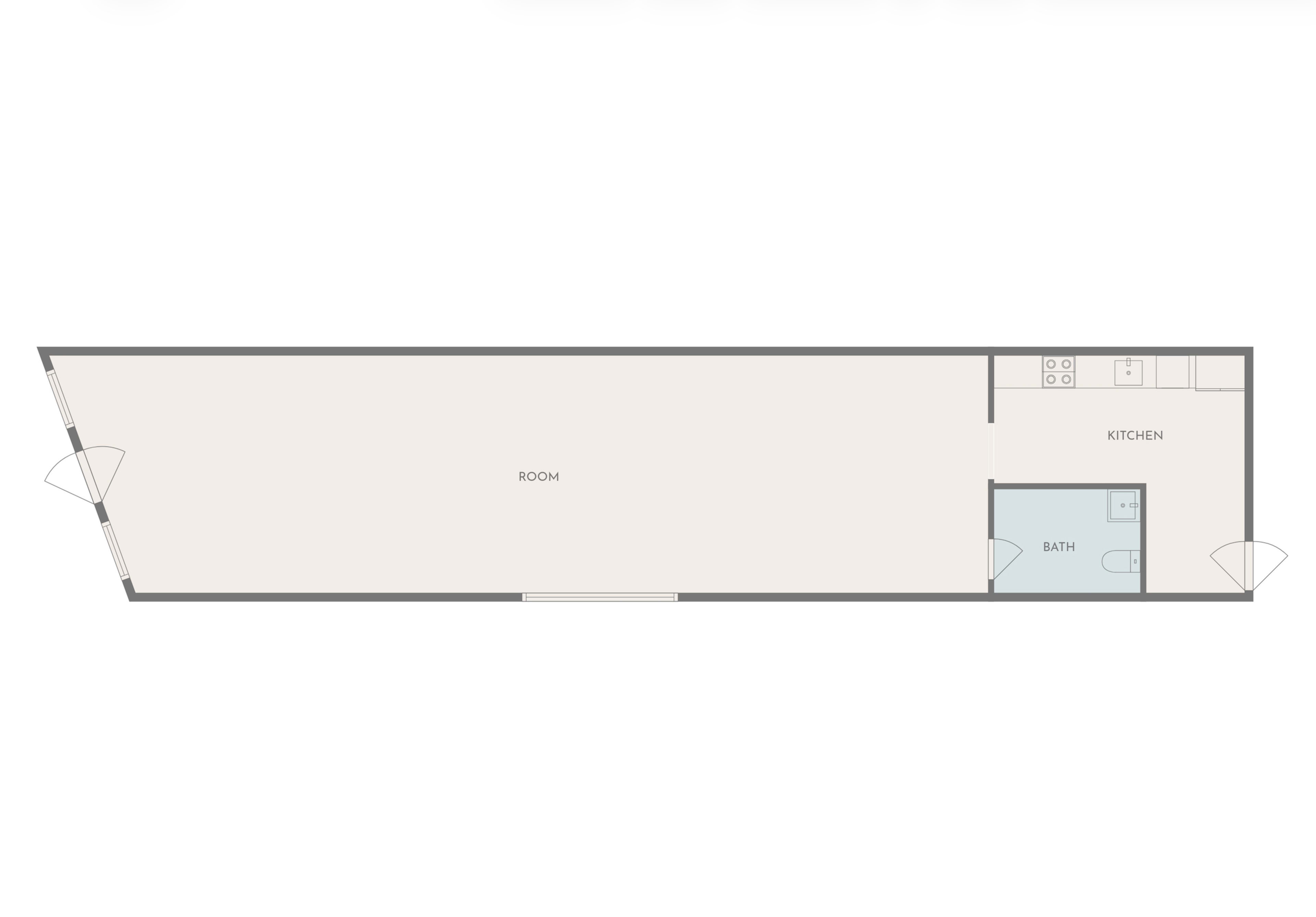 The image shows a floor plan of a rectangular space featuring a kitchen and a bathroom at one end, with a larger open area designated as a room.