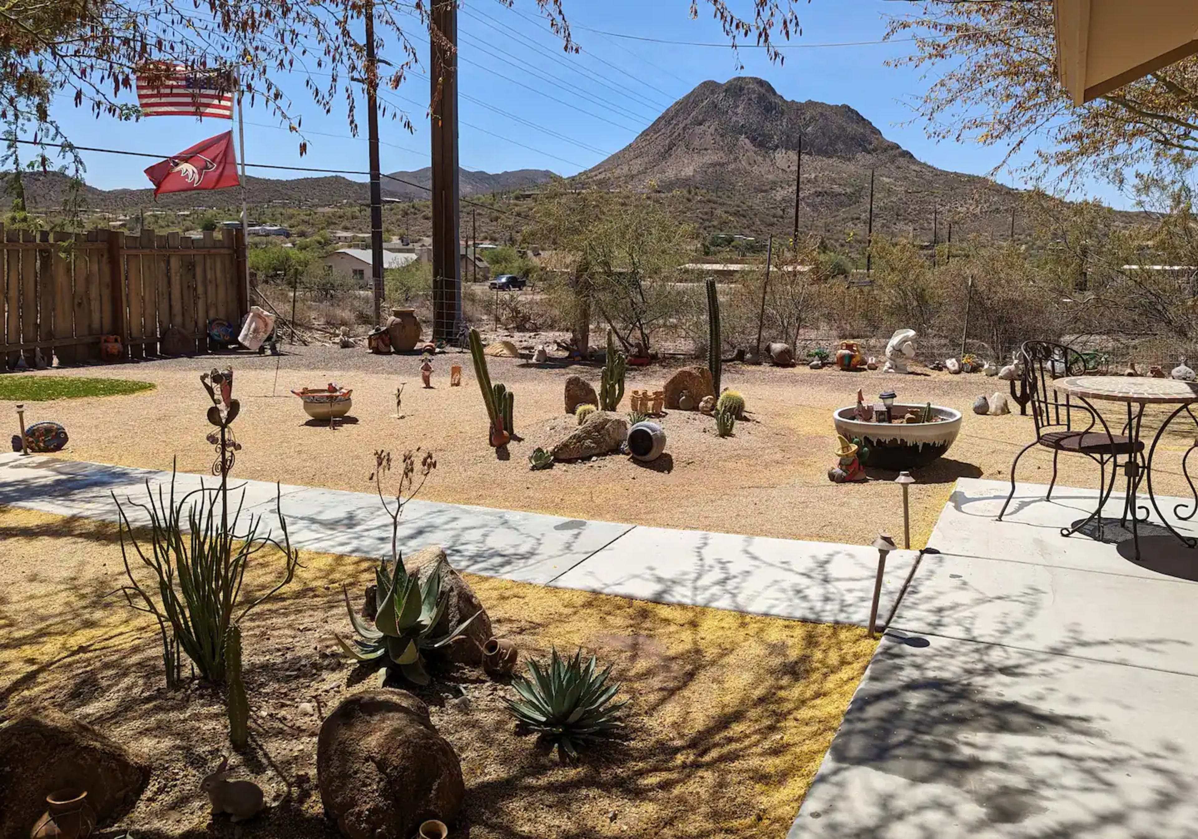 The scene features a desert landscape with various cacti and decorative pottery, overlooked by a mountain in the background and an American flag waving nearby.
