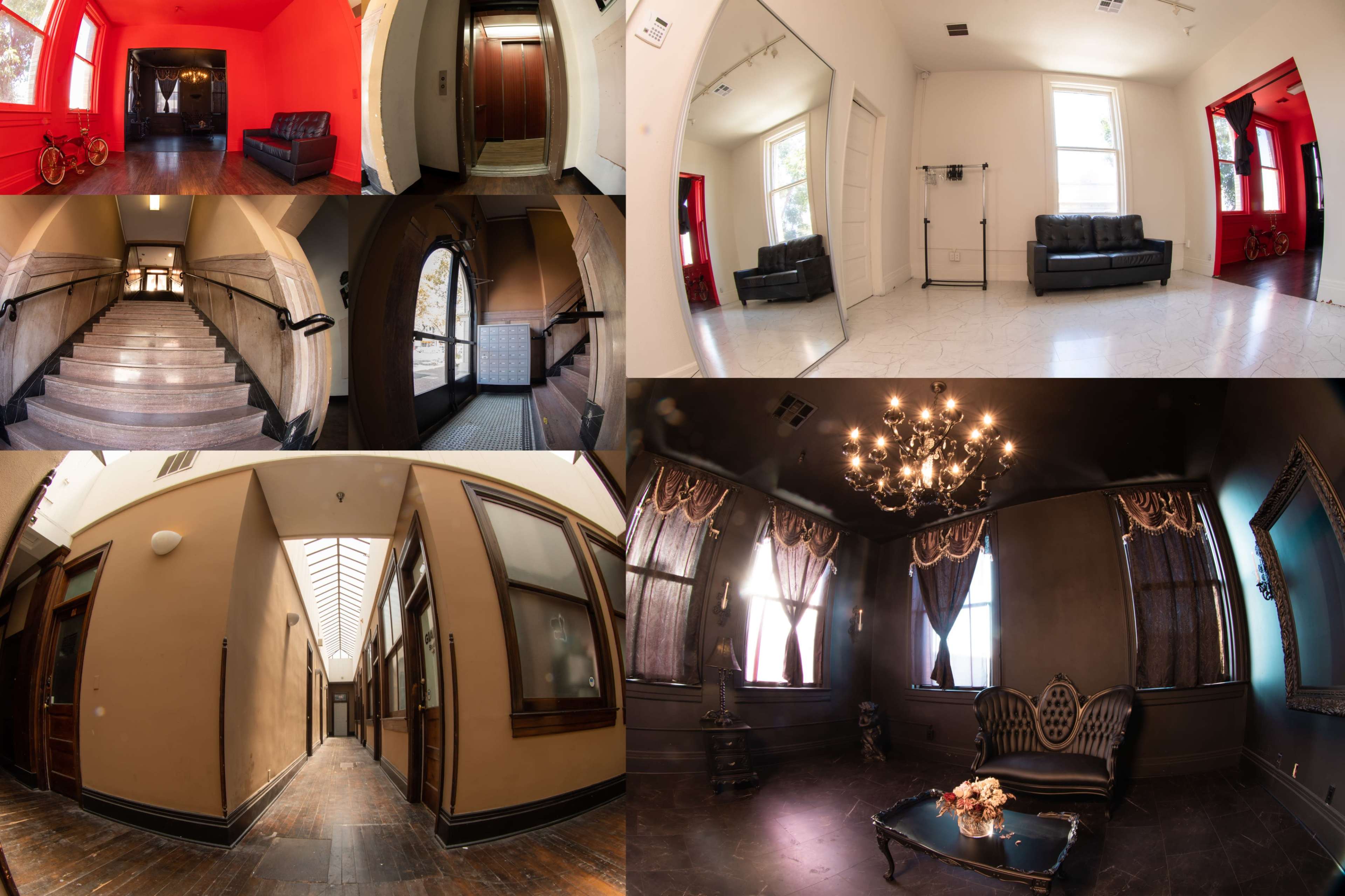 The image features a collage of interior scenes from a building, including an elevator, a staircase, a hallway, a mirror room, and several seating areas with various lighting and decor styles.