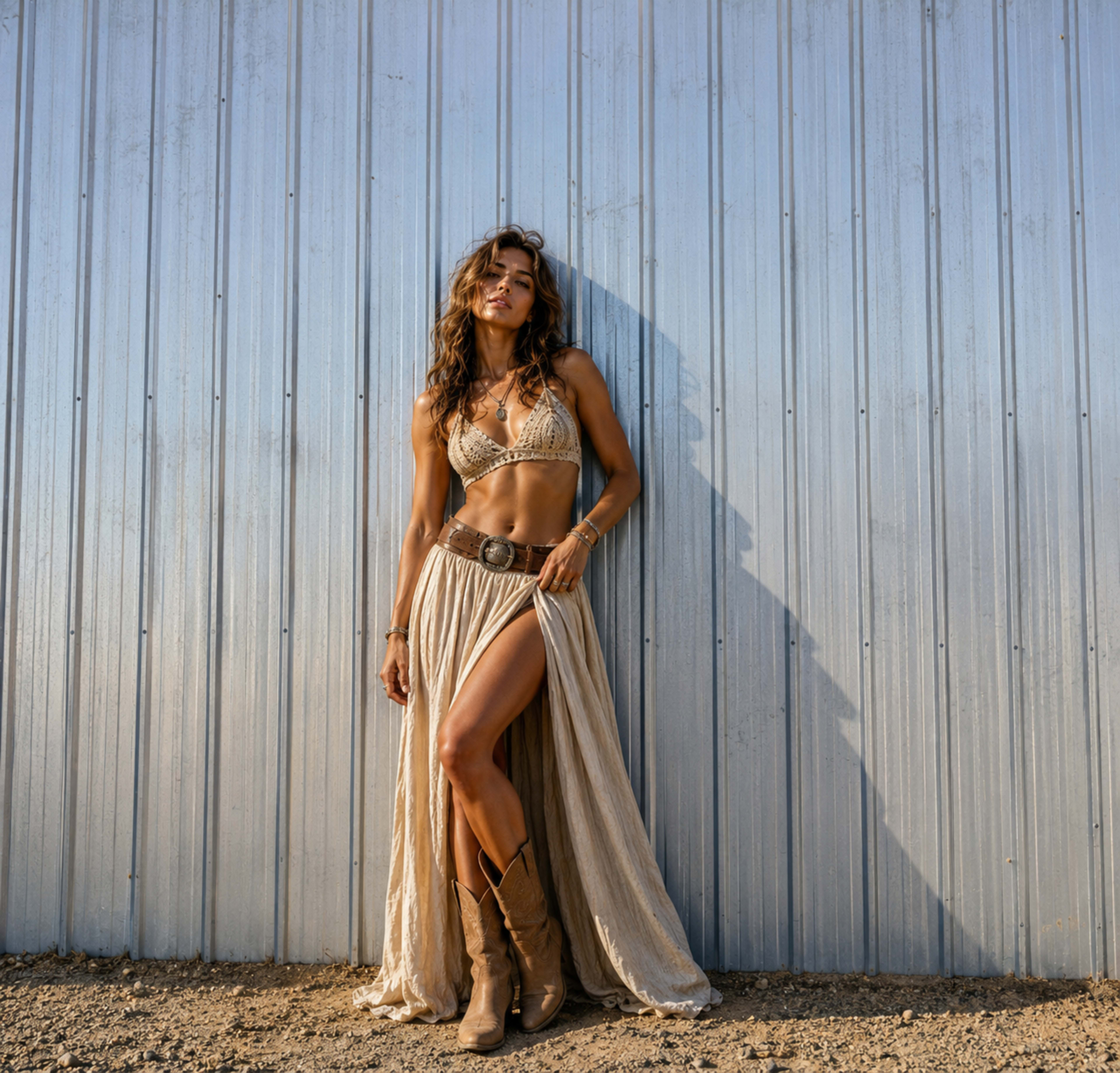 A woman in a beaded bikini top and a long skirt stands against a corrugated metal wall, casting a shadow on the ground.
