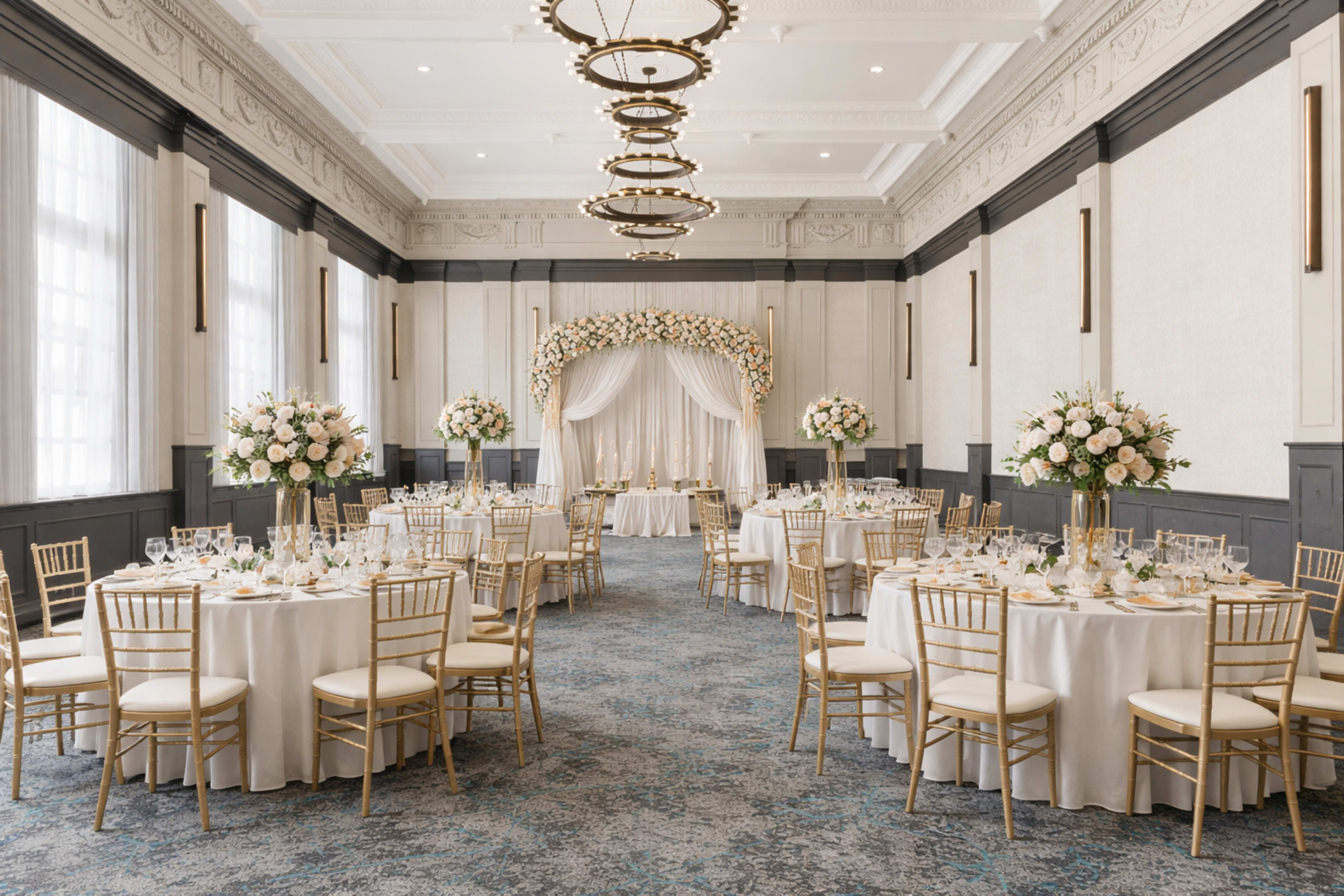 The image shows an elegant banquet hall set up for an event, featuring round tables with white tablecloths and golden chairs, floral arrangements on the tables, and a decorative arch covered in flowers at the front.