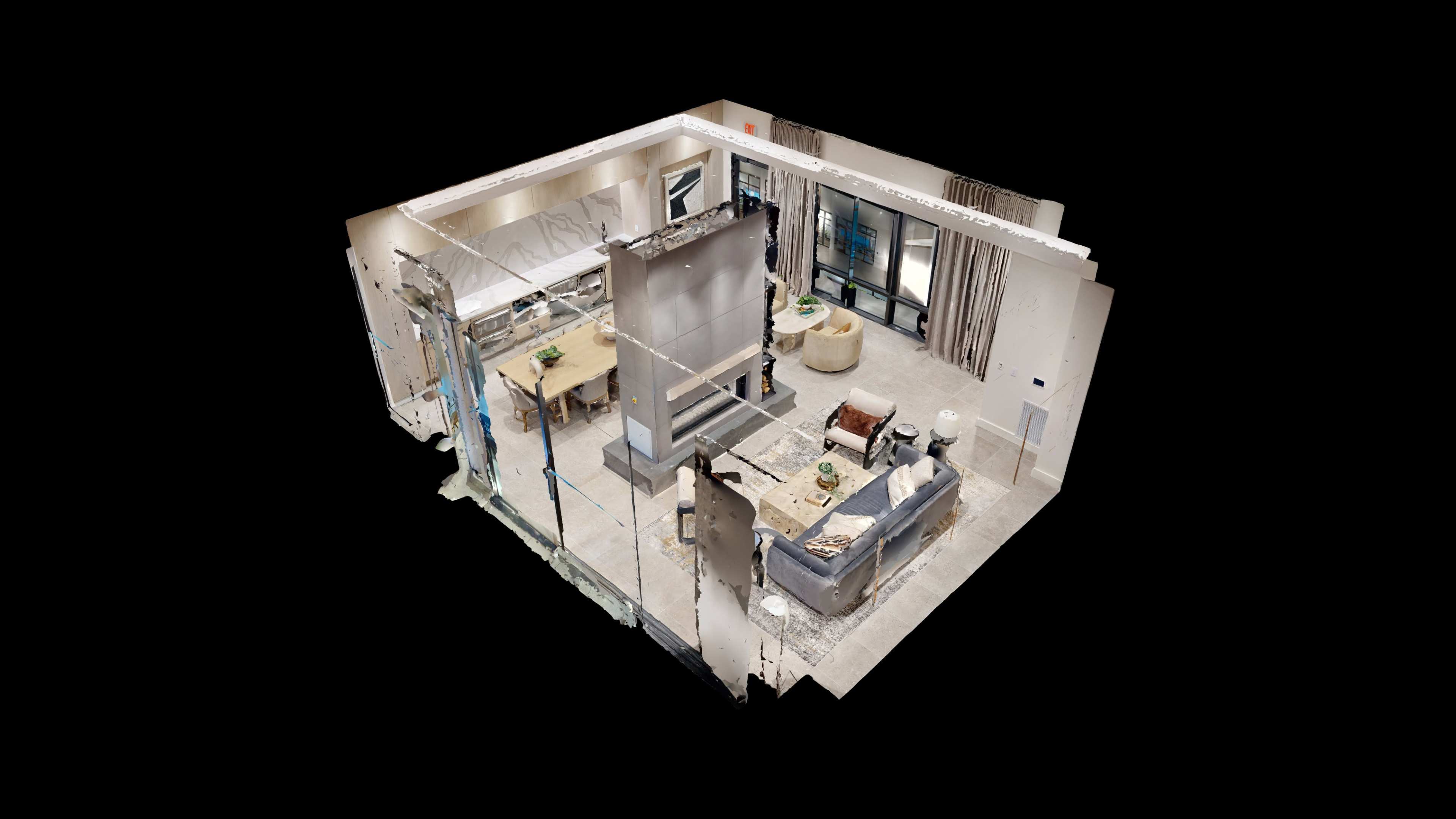 The image shows a 3D model of a modern living space that includes a living room and kitchen area, featuring furniture and decor.