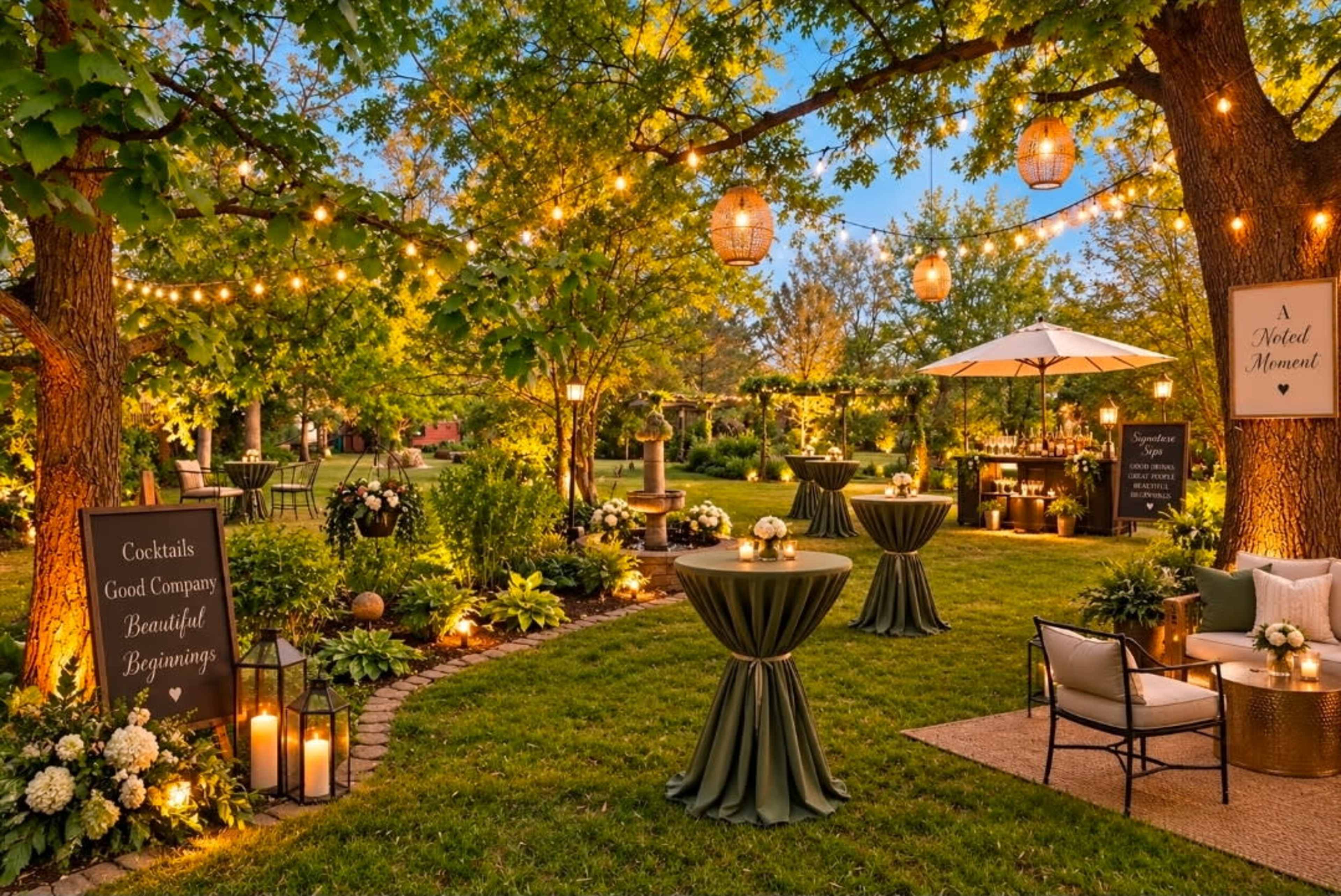 The scene features a beautifully decorated outdoor garden setting with tables, string lights, and floral arrangements, creating an inviting atmosphere for a gathering.