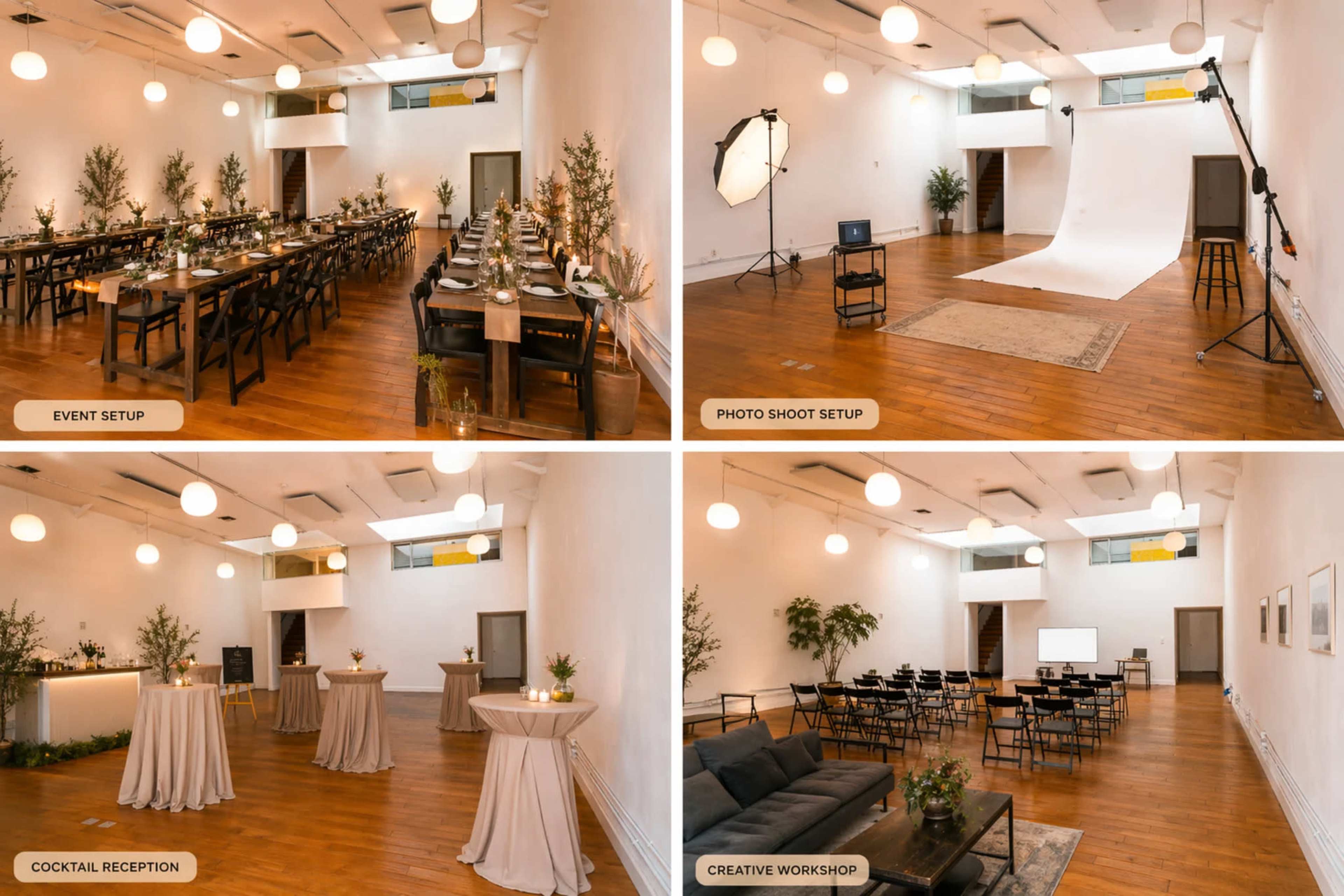 The image displays a versatile event space arranged for four different setups: a dining arrangement for an event, a photo shoot station, a cocktail reception with high tables, and a creative workshop area with seating and presentation equipment.