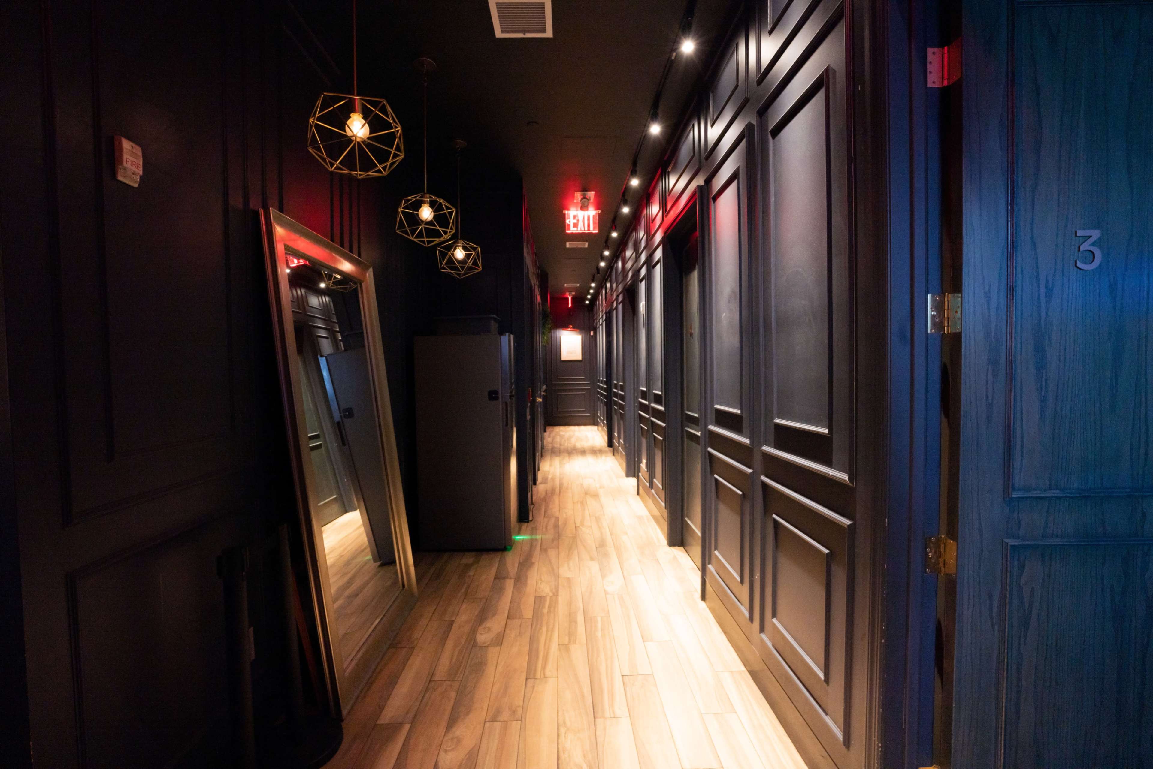 A dimly lit hallway featuring wooden flooring, black paneled walls, and mirrored decorations along with geometric pendant lights.