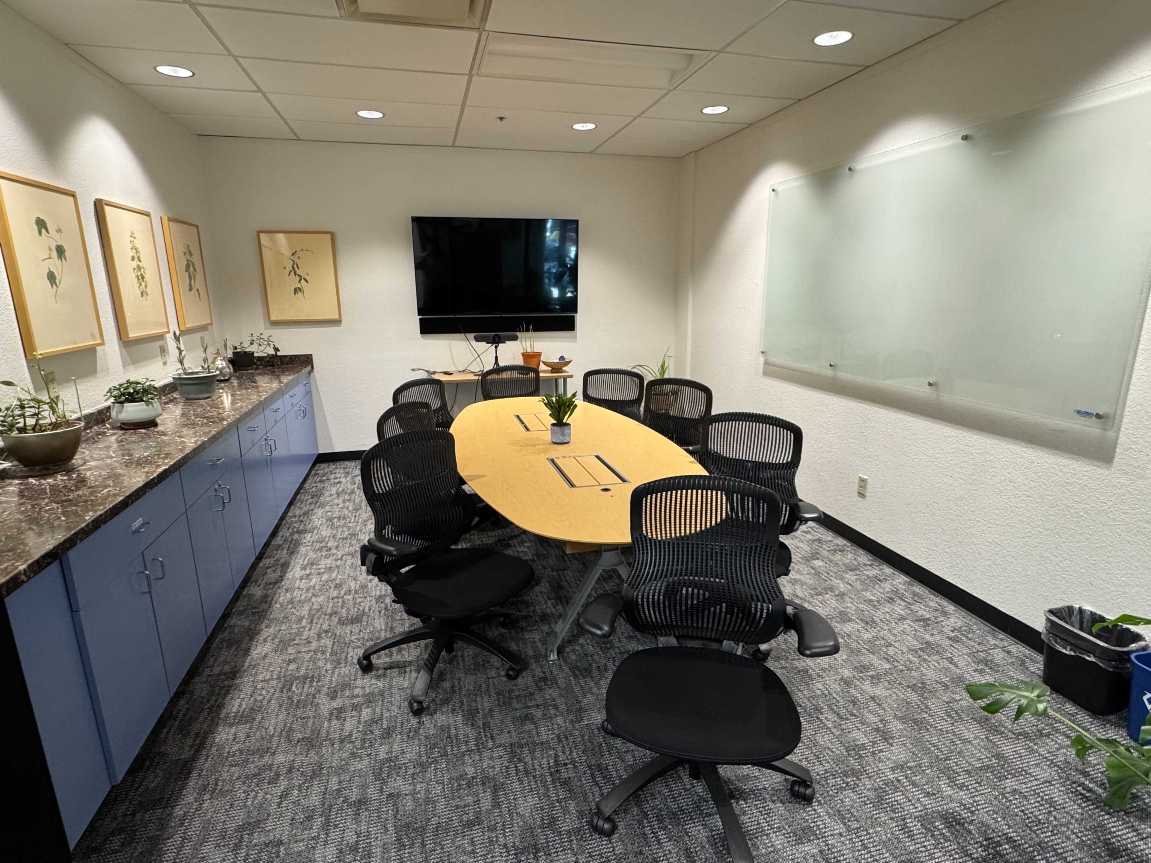 The image shows a conference room with a large oval table surrounded by black office chairs, a television mounted on the wall, and light-colored cabinets along one side.