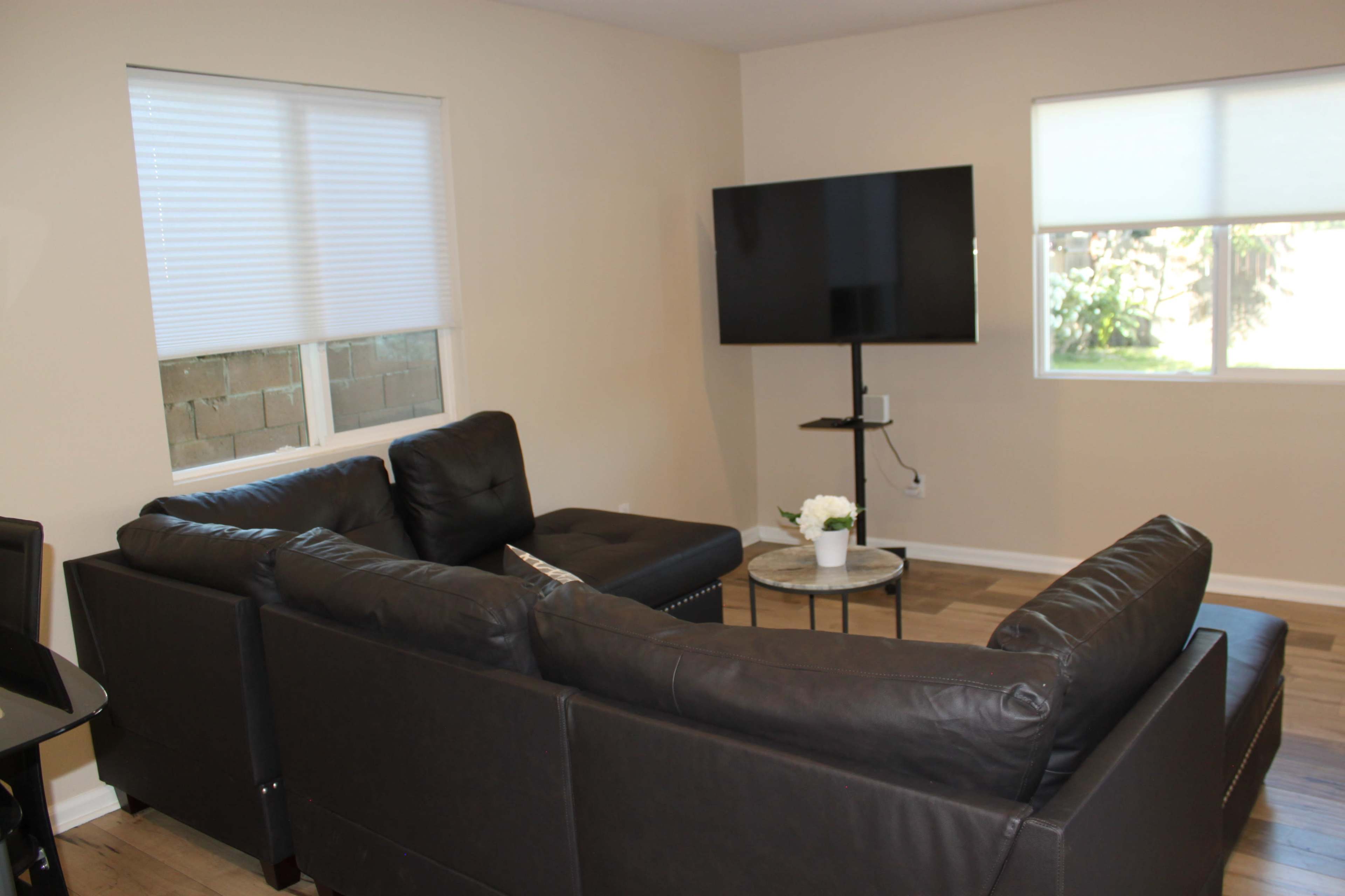 A living room with a black sectional sofa, a round coffee table with a plant, and a mounted television against a light-colored wall.