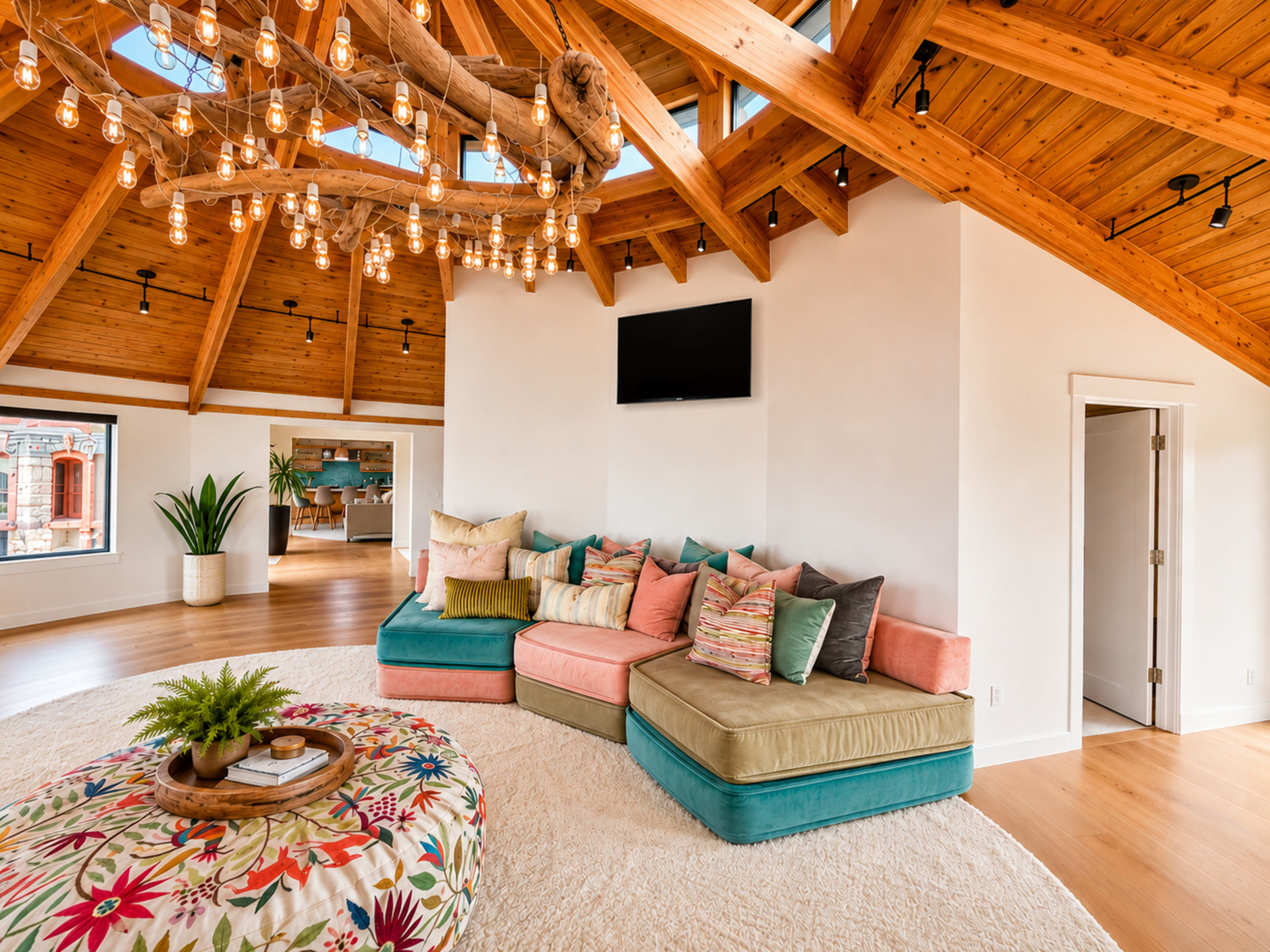 A spacious, modern living room features a large sectional sofa with colorful cushions, a round floral coffee table, and a striking wooden ceiling with a chandelier.