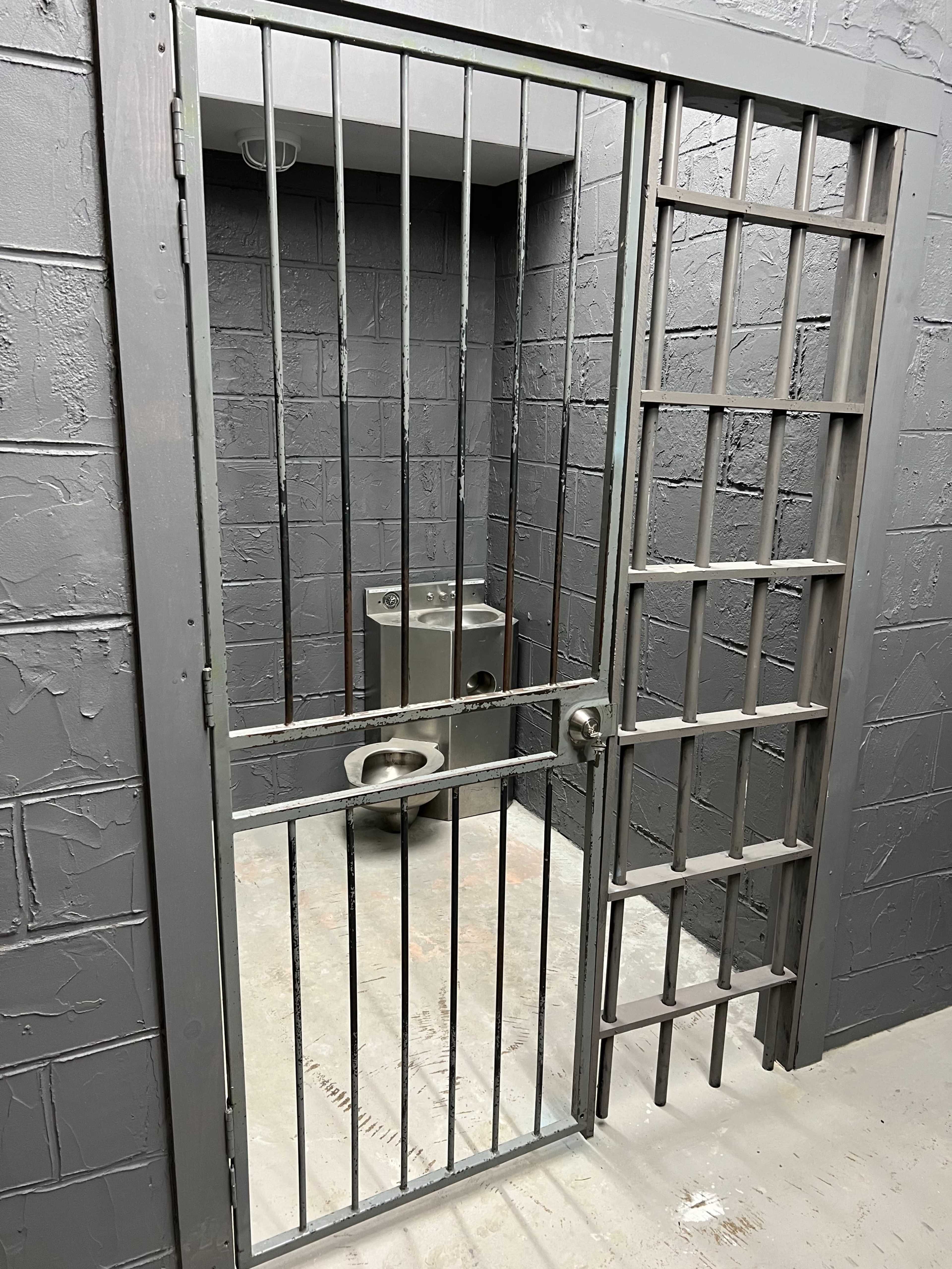 The image shows a small jail cell with gray walls, a barred door, and a toilet fixture inside.