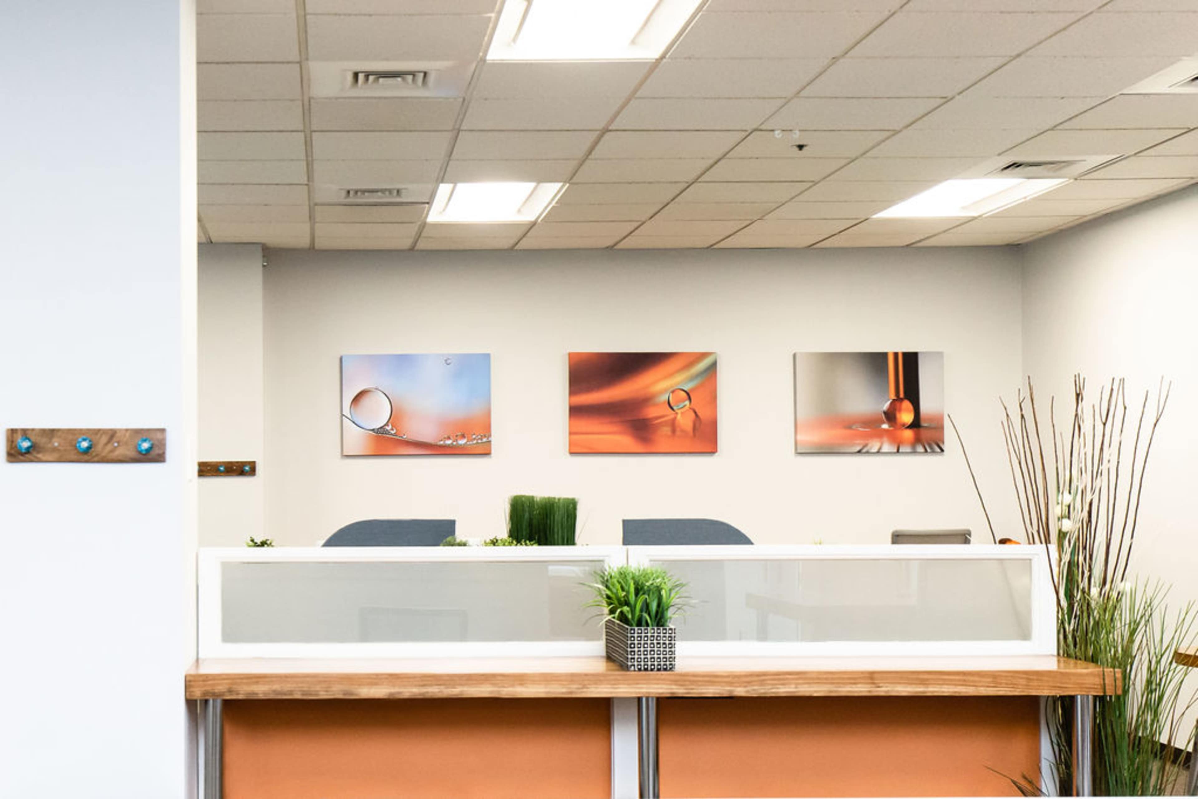 A modern office reception area with a front desk, contemporary artwork on the walls, and decorative plants.