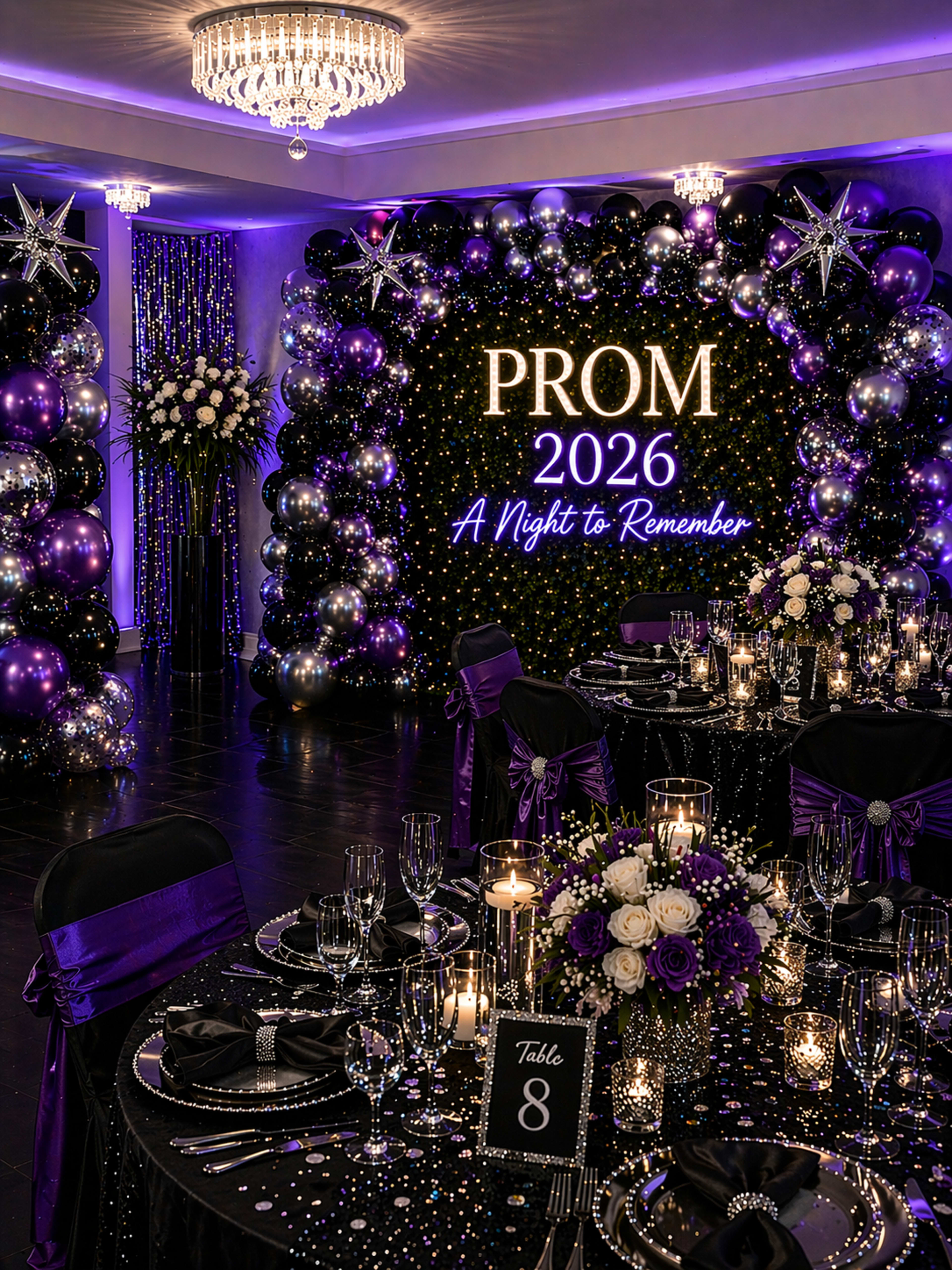 The image depicts an elegant prom venue decorated with purple balloons, table settings, and a glowing sign that reads "PROM 2026 A Night to Remember."