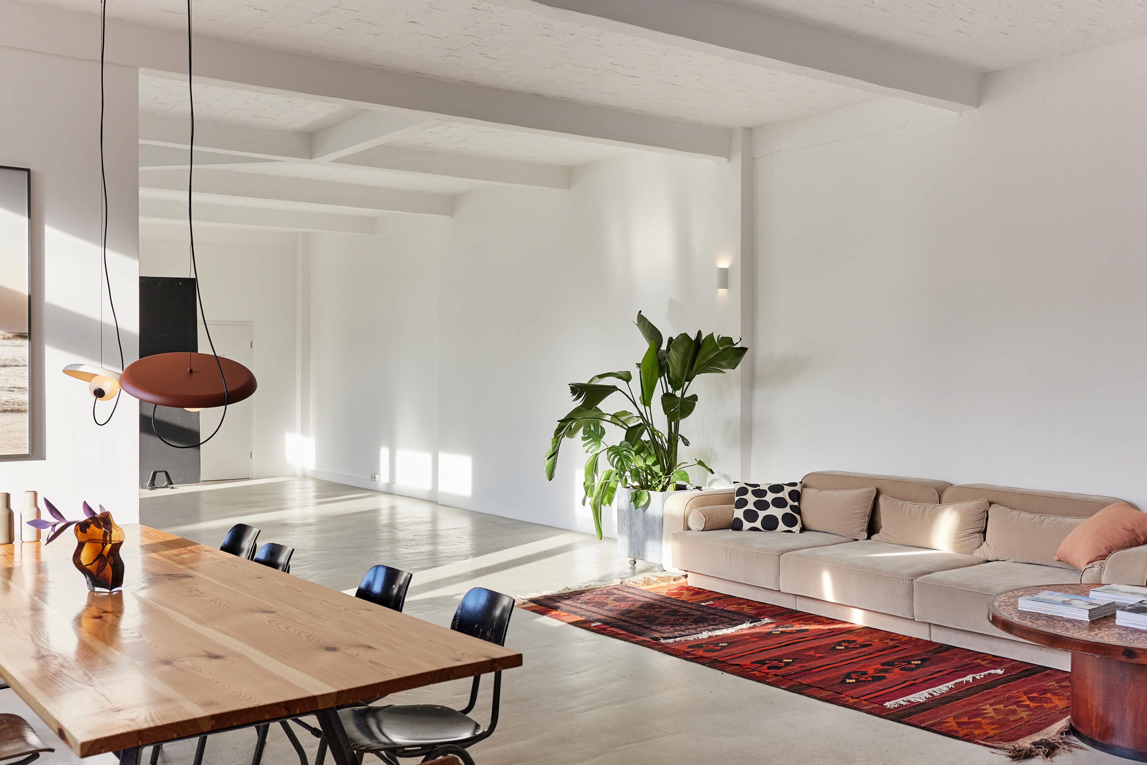 A spacious modern living area features a wooden dining table, black chairs, a beige couch, a potted plant, and a colorful rug on a polished concrete floor.