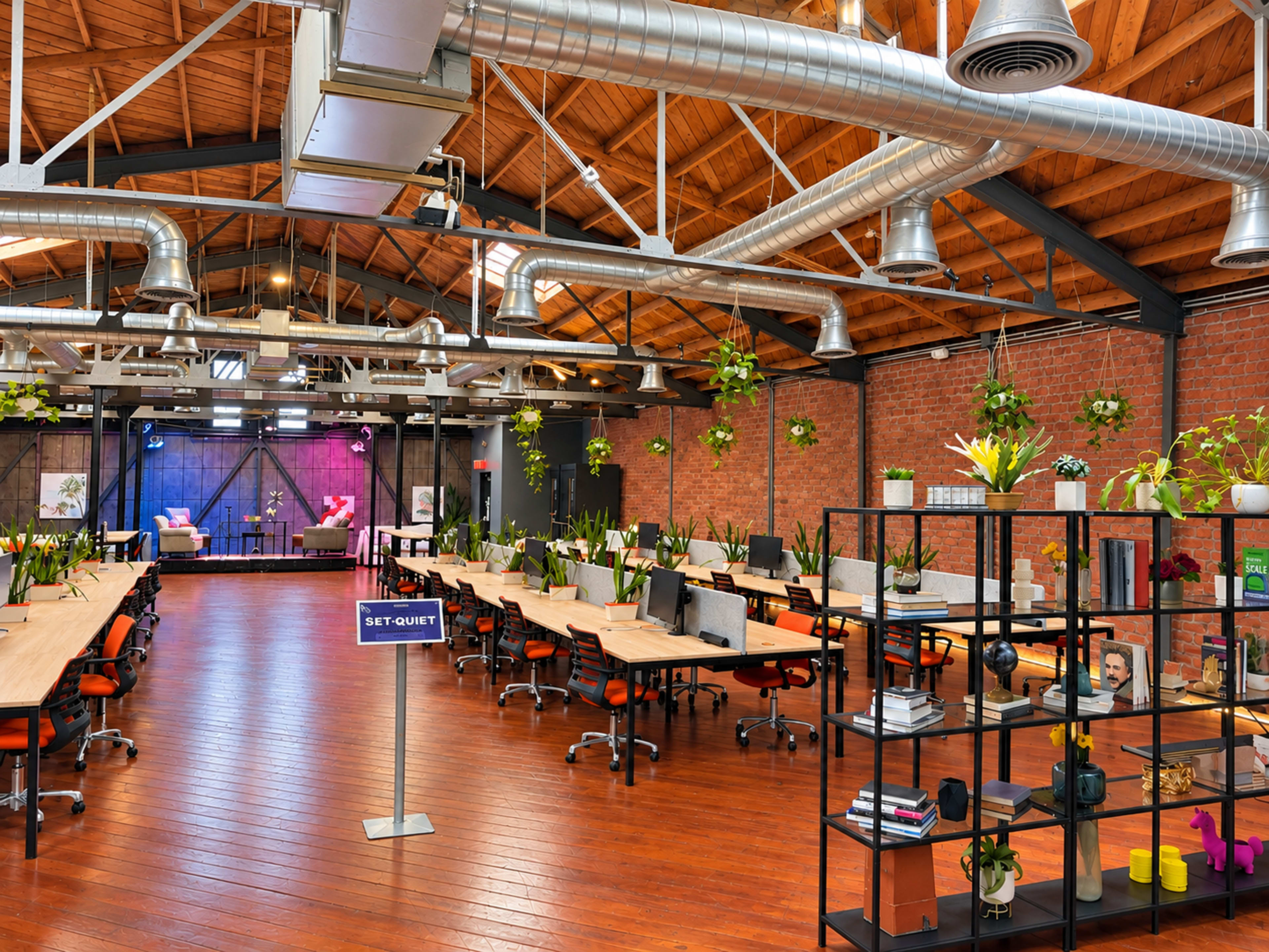 The image shows a modern open office space with wooden flooring, exposed brick walls, and greenery throughout, featuring rows of desks equipped with computers and a designated quiet area in the background.