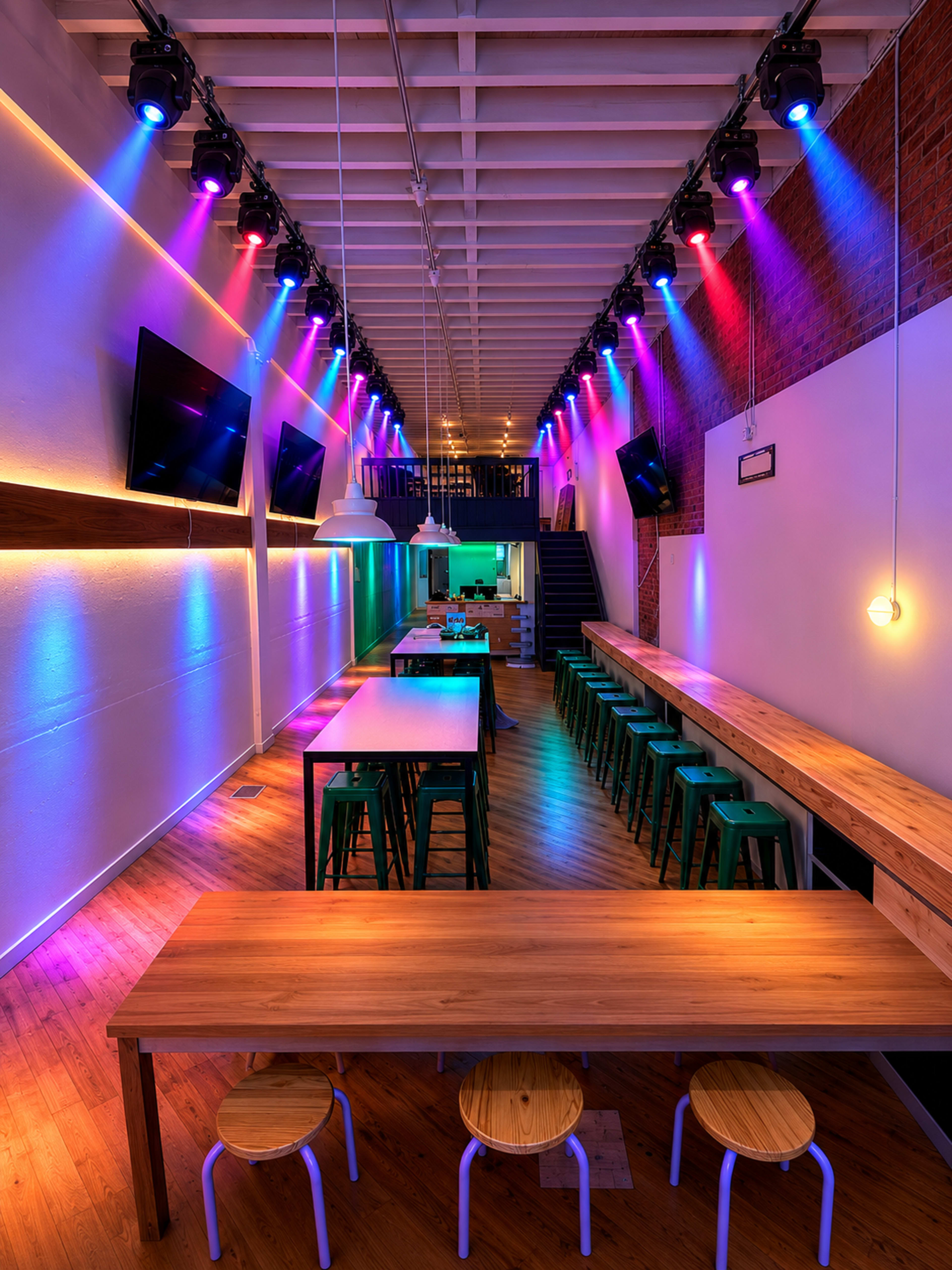 The image shows a brightly lit restaurant interior with long wooden tables, high stools, and colorful overhead lighting.