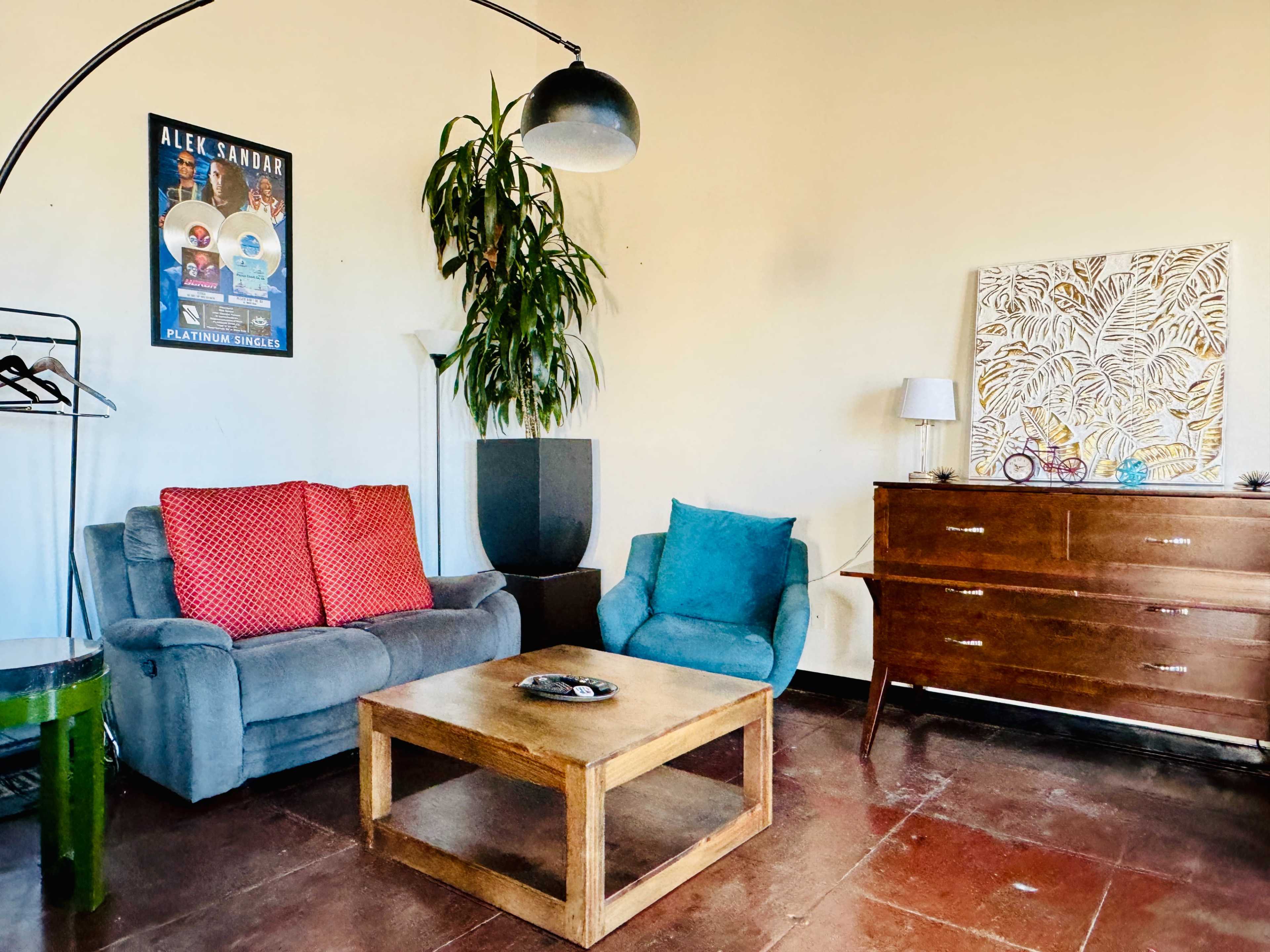 The image shows a well-furnished living room with two couches, a wooden coffee table, a plant, and a side table with a lamp.