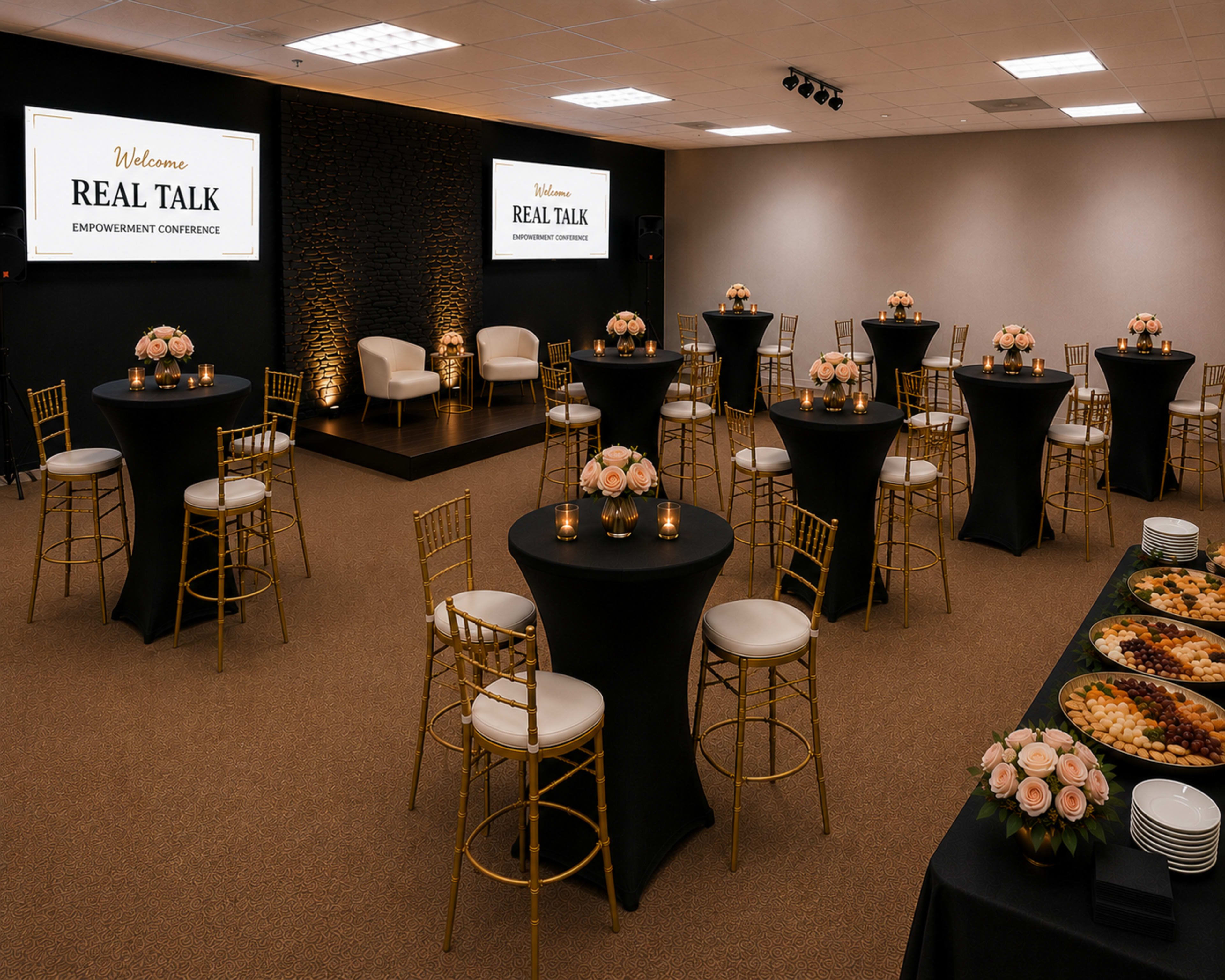 The image shows a conference room set up for an event, featuring round tables with floral centerpieces and a stage with screens displaying "Welcome REAL TALK EMPOWERMENT CONFERENCE."