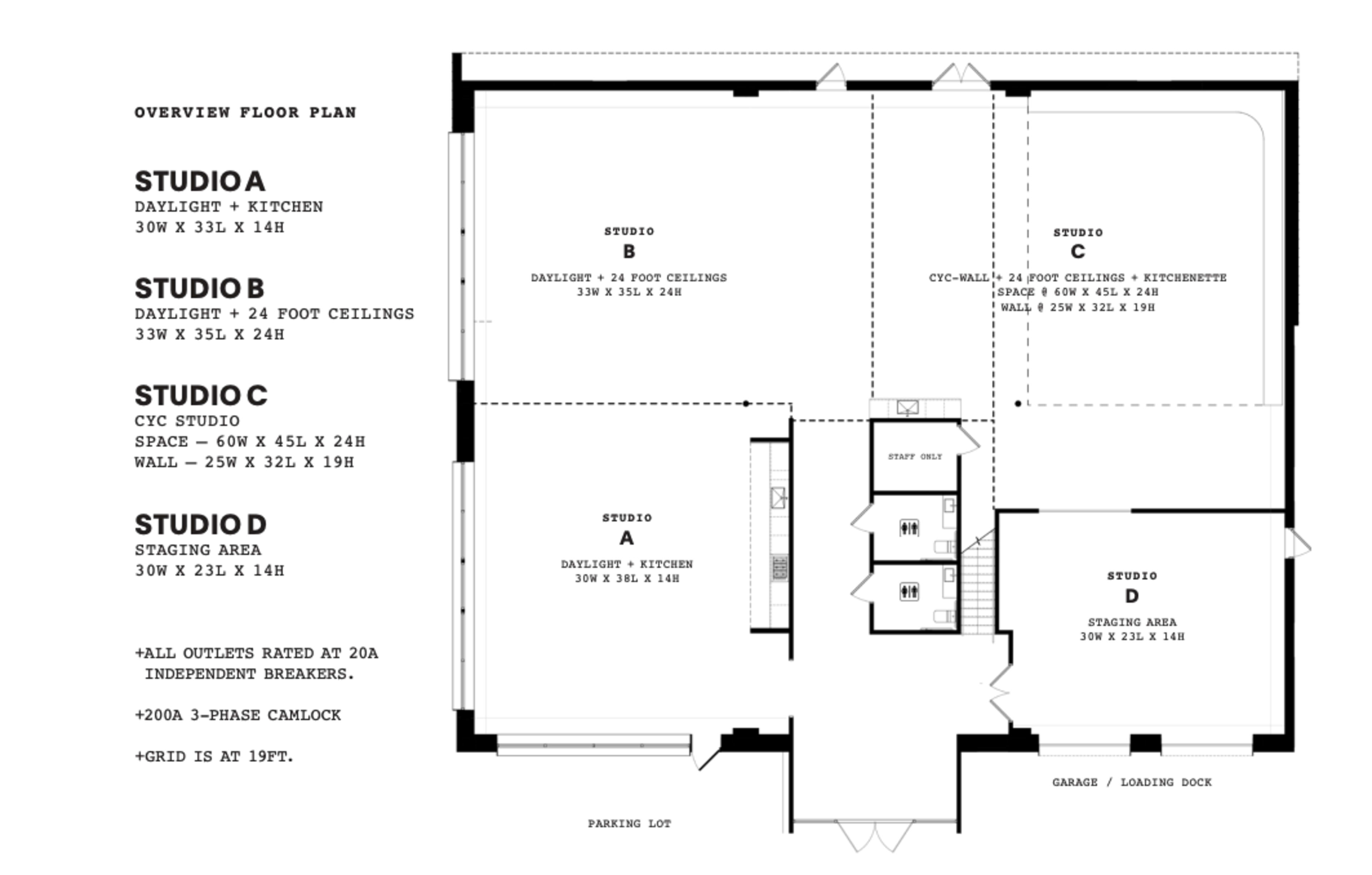 A detailed floor plan layout of a building with designated areas labeled as Studio A, Studio B, Studio C, and Studio D, along with a staging area and garage/loading dock.