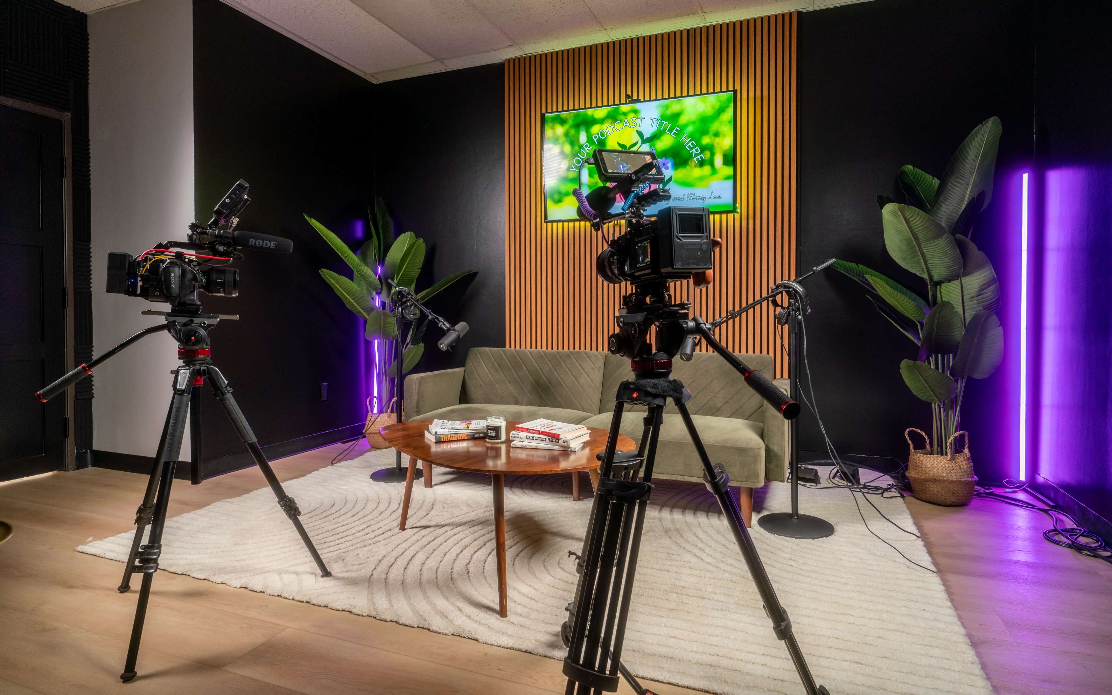 A modern studio setup with two cameras on tripods facing a sofa and a table, surrounded by plants and a wall-mounted screen.