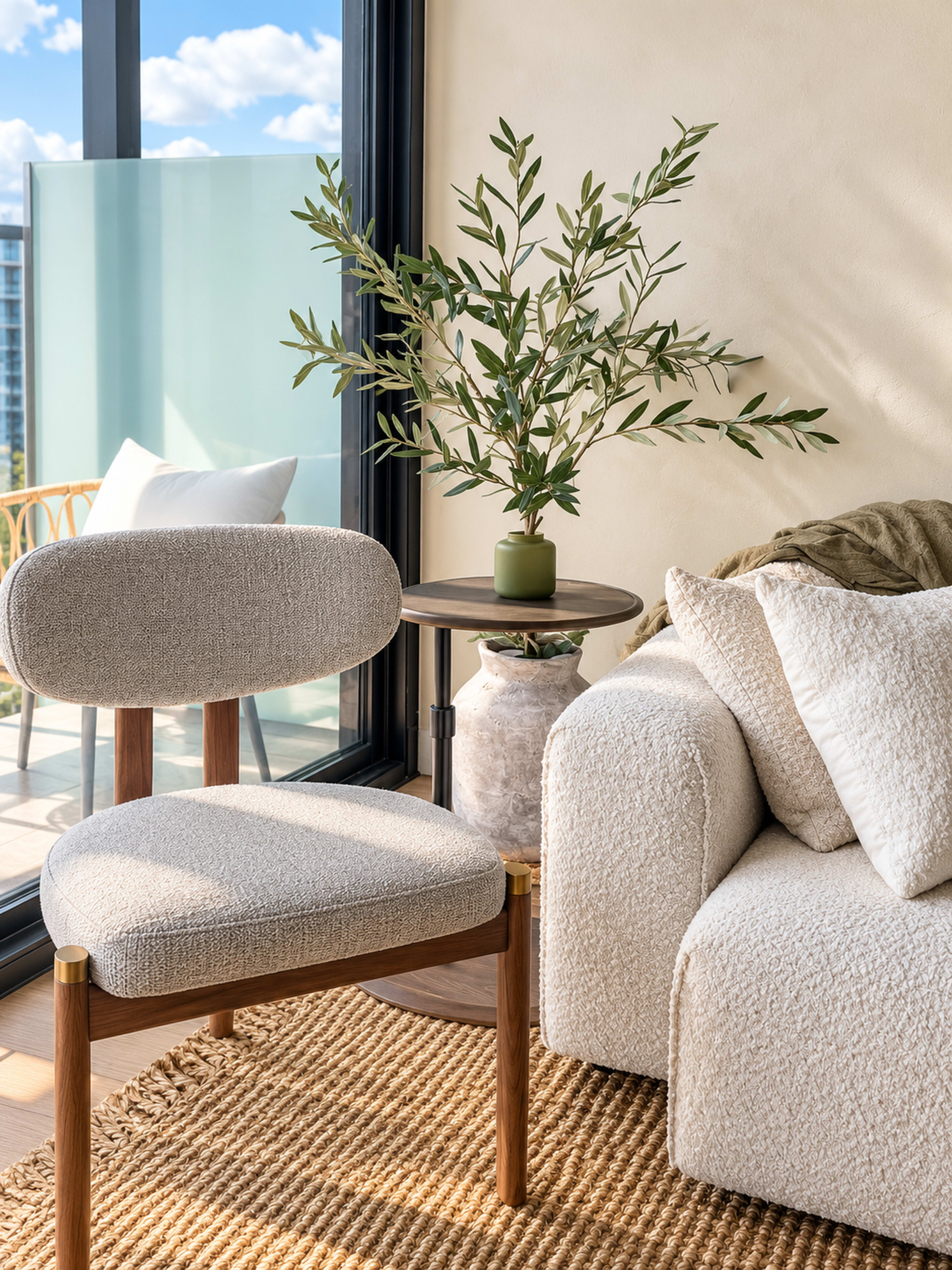 The image shows a cozy living space with a textured chair and a soft sofa, complemented by a small side table holding a potted plant, all by large windows that let in natural light.