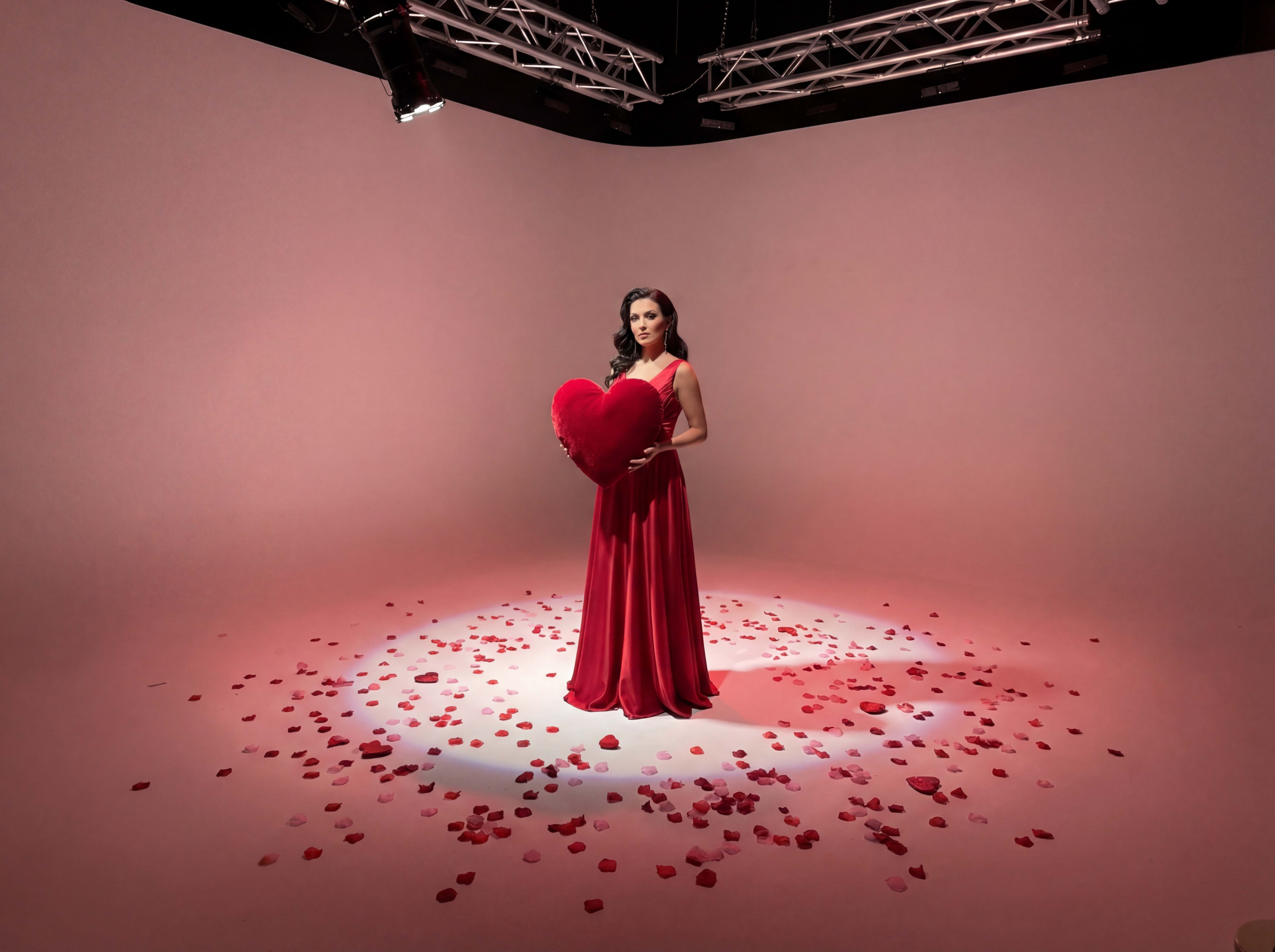 A woman in a red dress stands in a studio surrounded by heart-shaped petals, holding a large heart-shaped cushion.