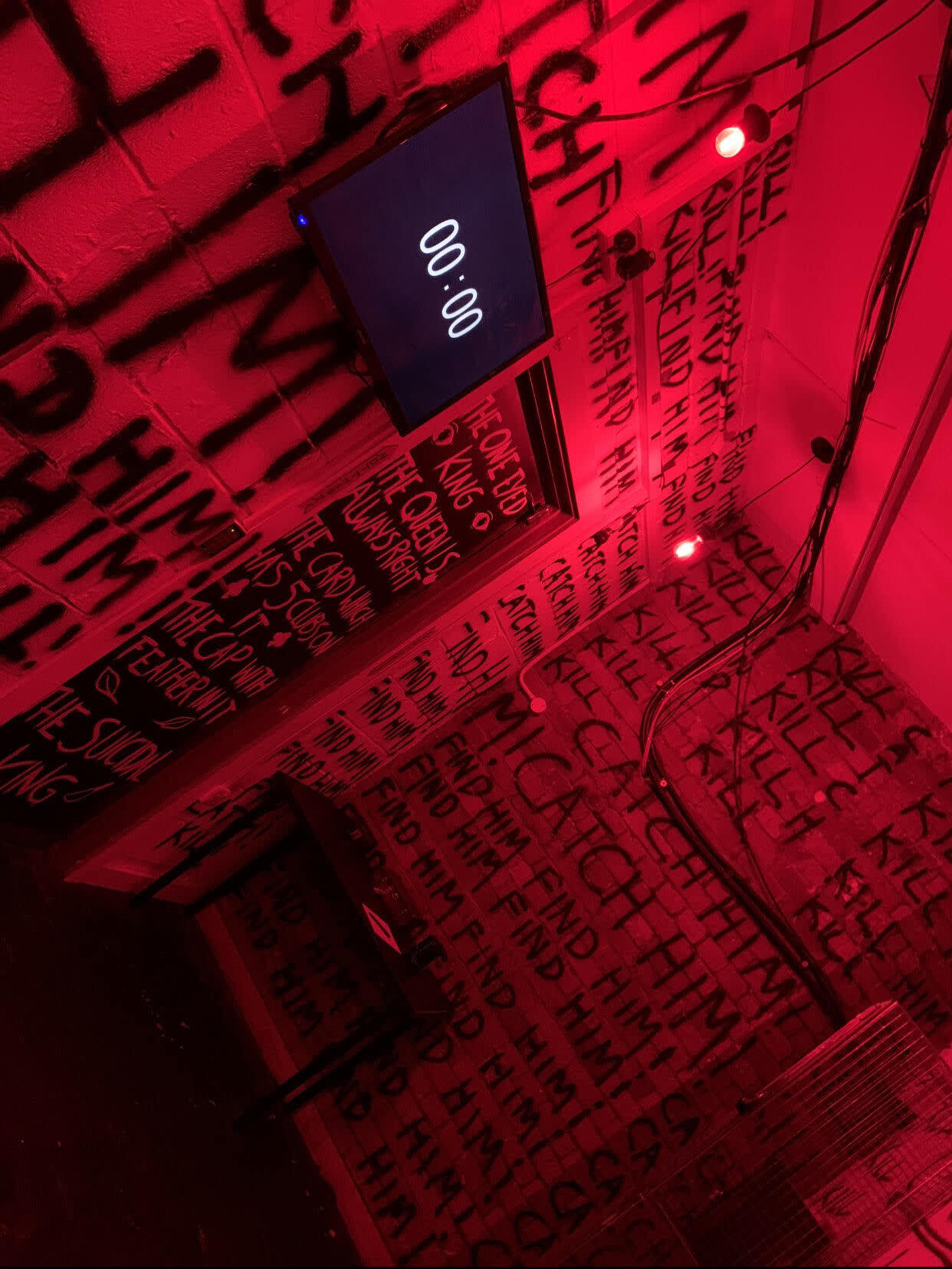 A dimly lit room with dark red lighting, featuring walls covered in black writing and a digital timer displaying "00:00."