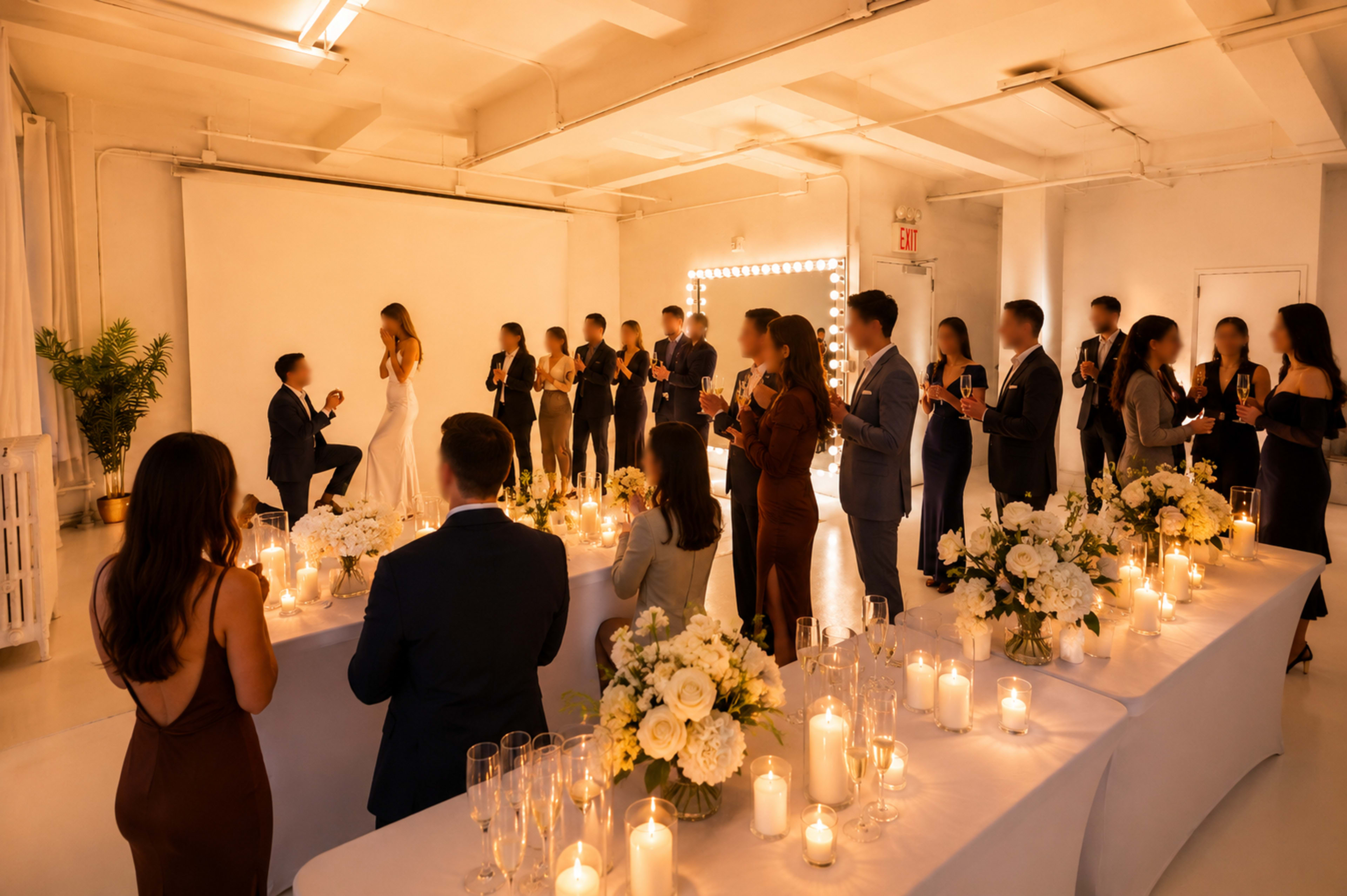 A formal gathering is taking place in a well-lit venue, where guests in elegant attire are seated at a long table adorned with flowers and candles while a couple appears to share a special moment.