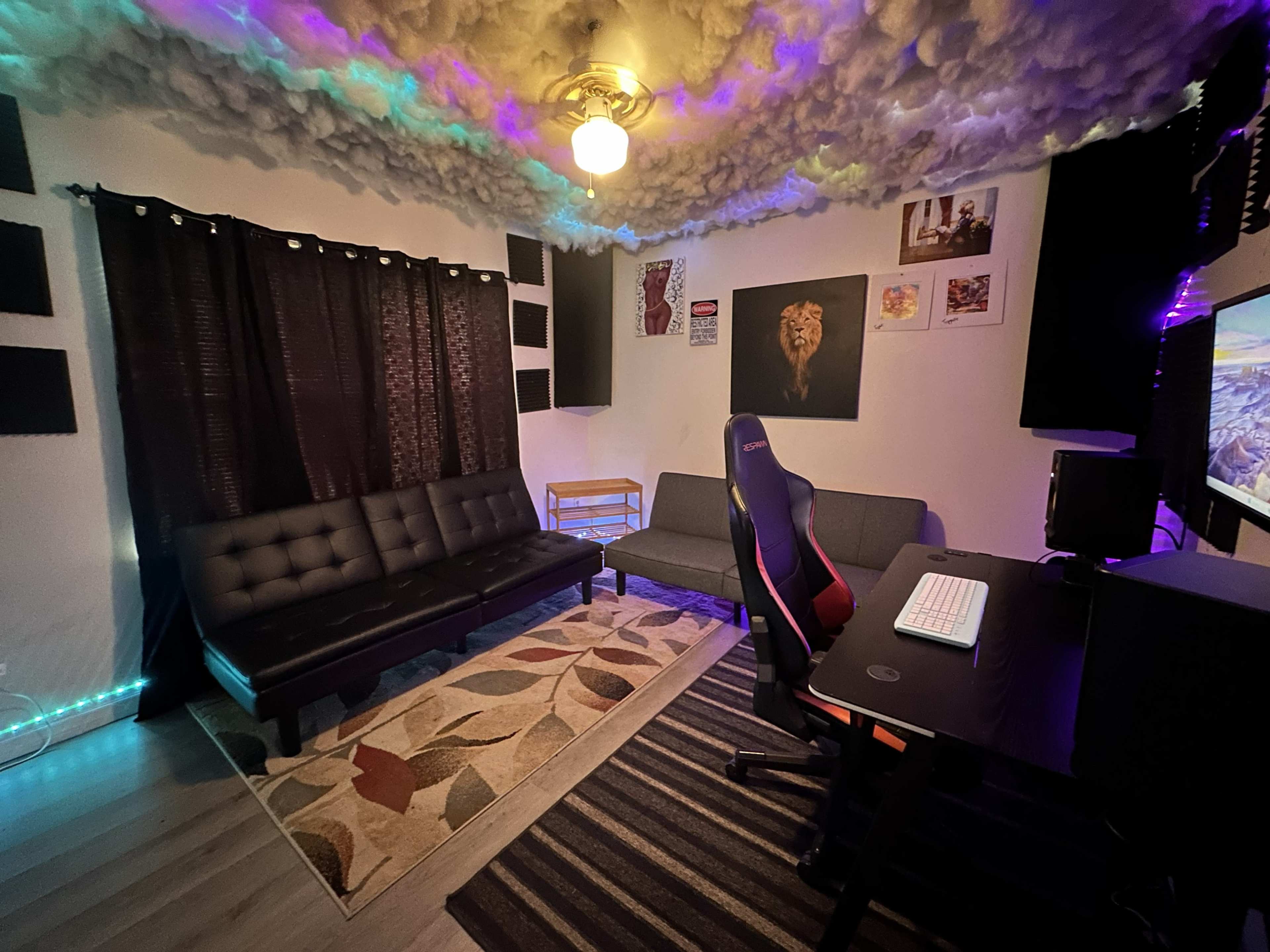The image shows a small, cozy room featuring two sofas, a desk with a computer, and a ceiling decorated with cloud-like material.