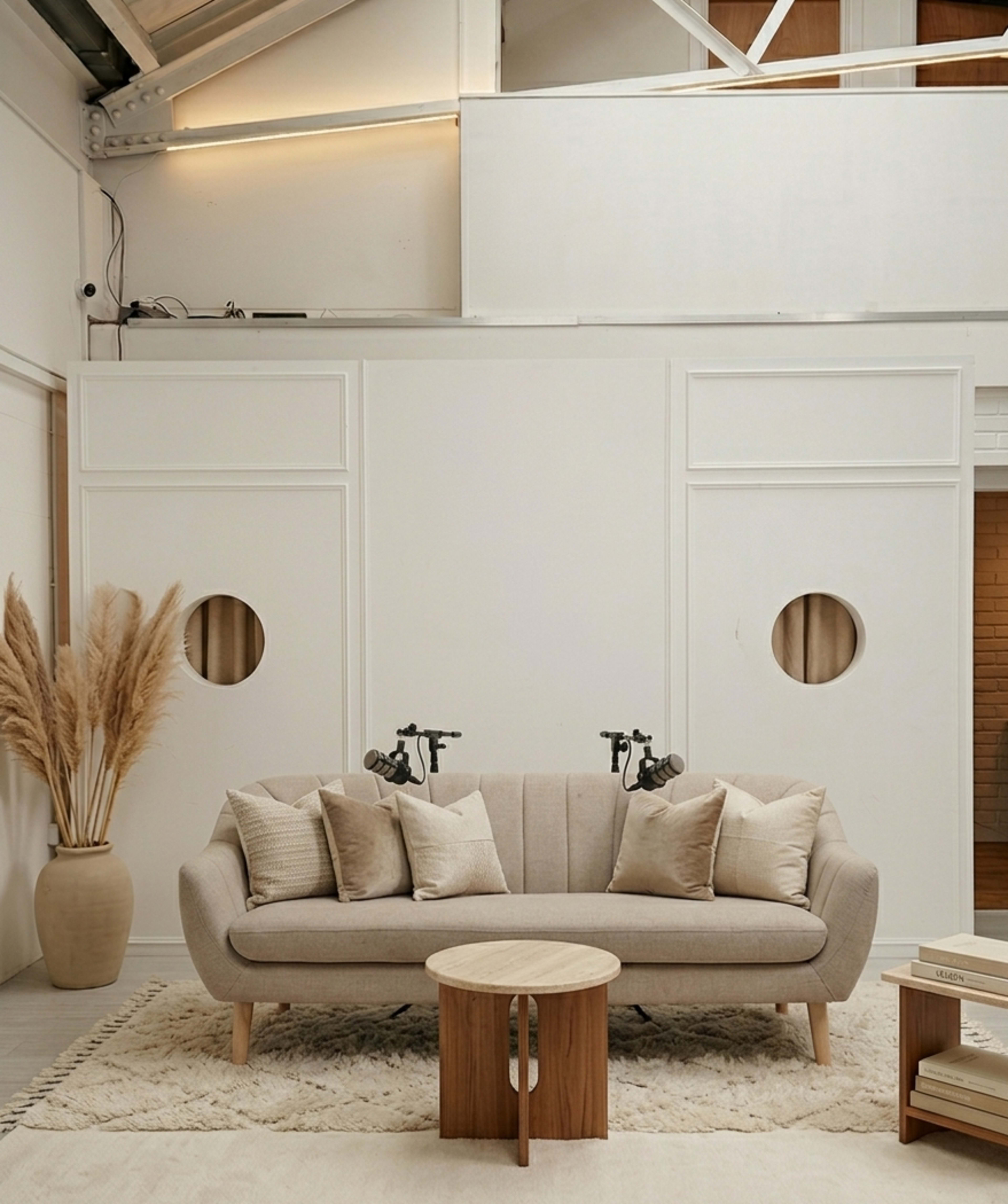A light-colored couch with multiple pillows sits in a minimalist room featuring round cutouts in the wall and a small circular table on a textured rug.