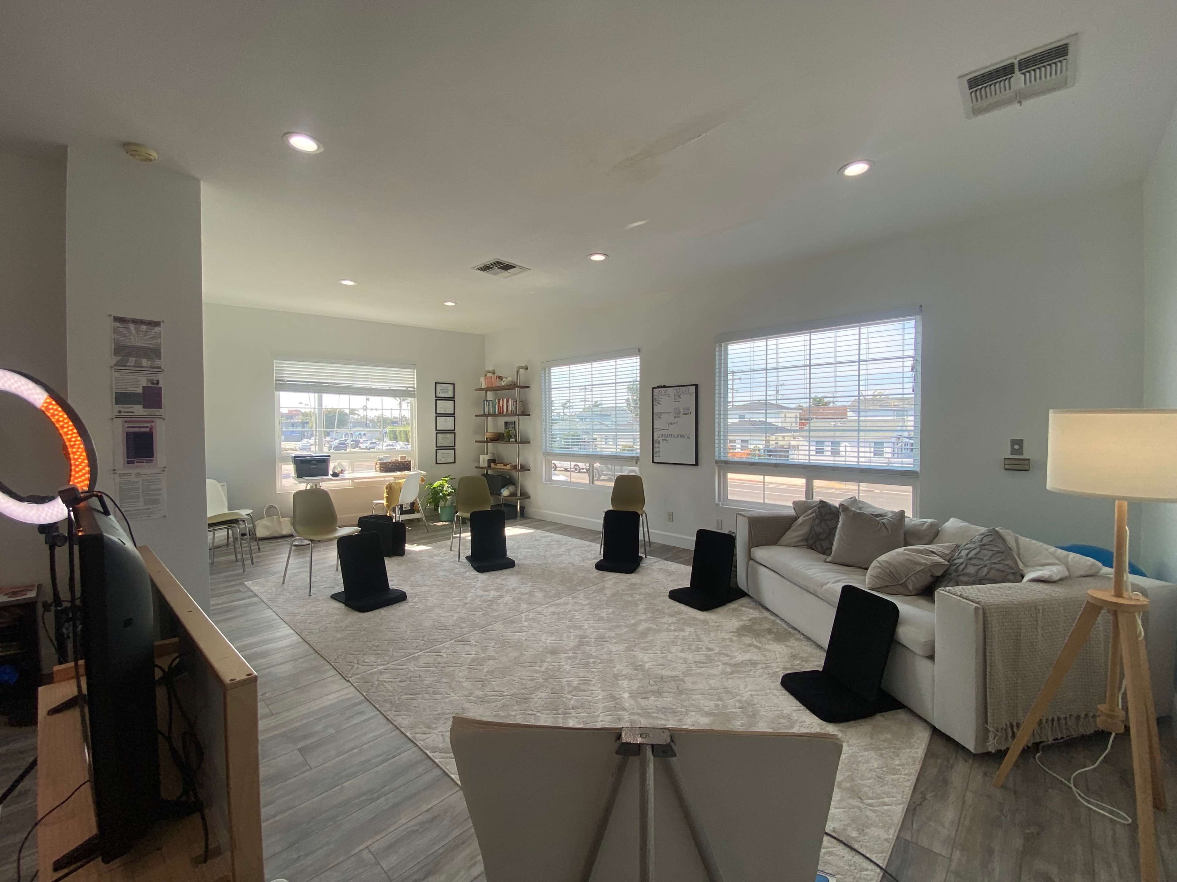 The image shows a spacious, well-lit living area featuring a large rug, a sectional couch, chairs, a bookshelf, and a desk with a view.