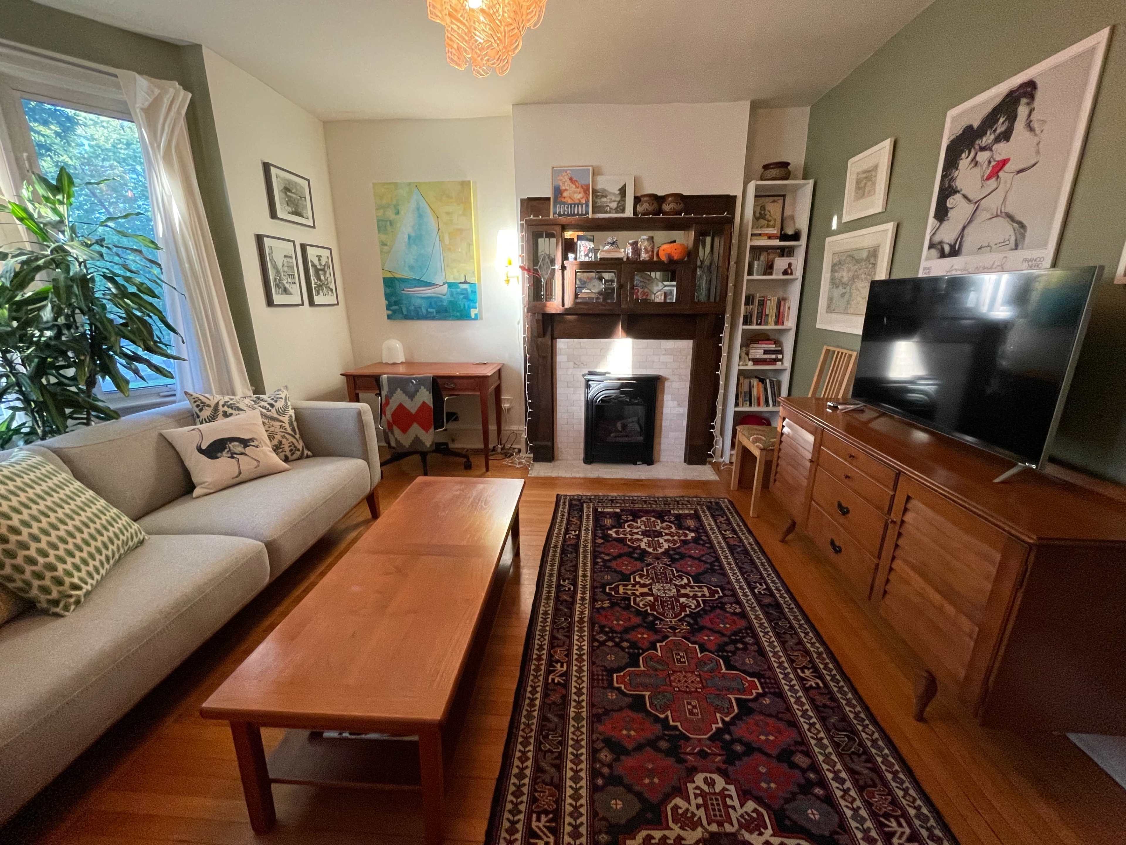 The image shows a cozy living room featuring a gray sofa, a wooden coffee table, a patterned rug, and a fireplace surrounded by bookshelves.