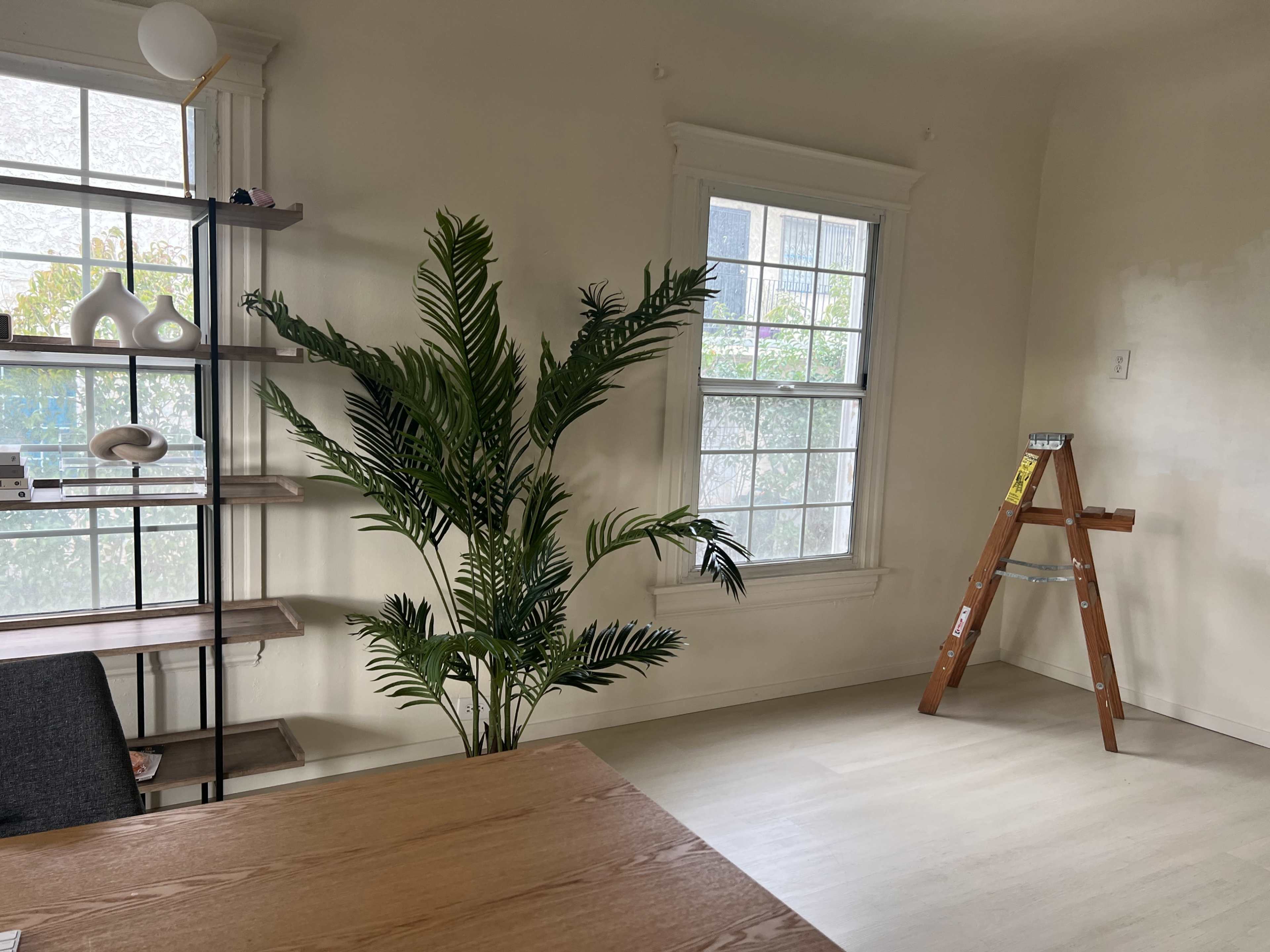 A small, well-lit room features a potted plant next to a wooden ladder and a table near a shelf with decorative items.