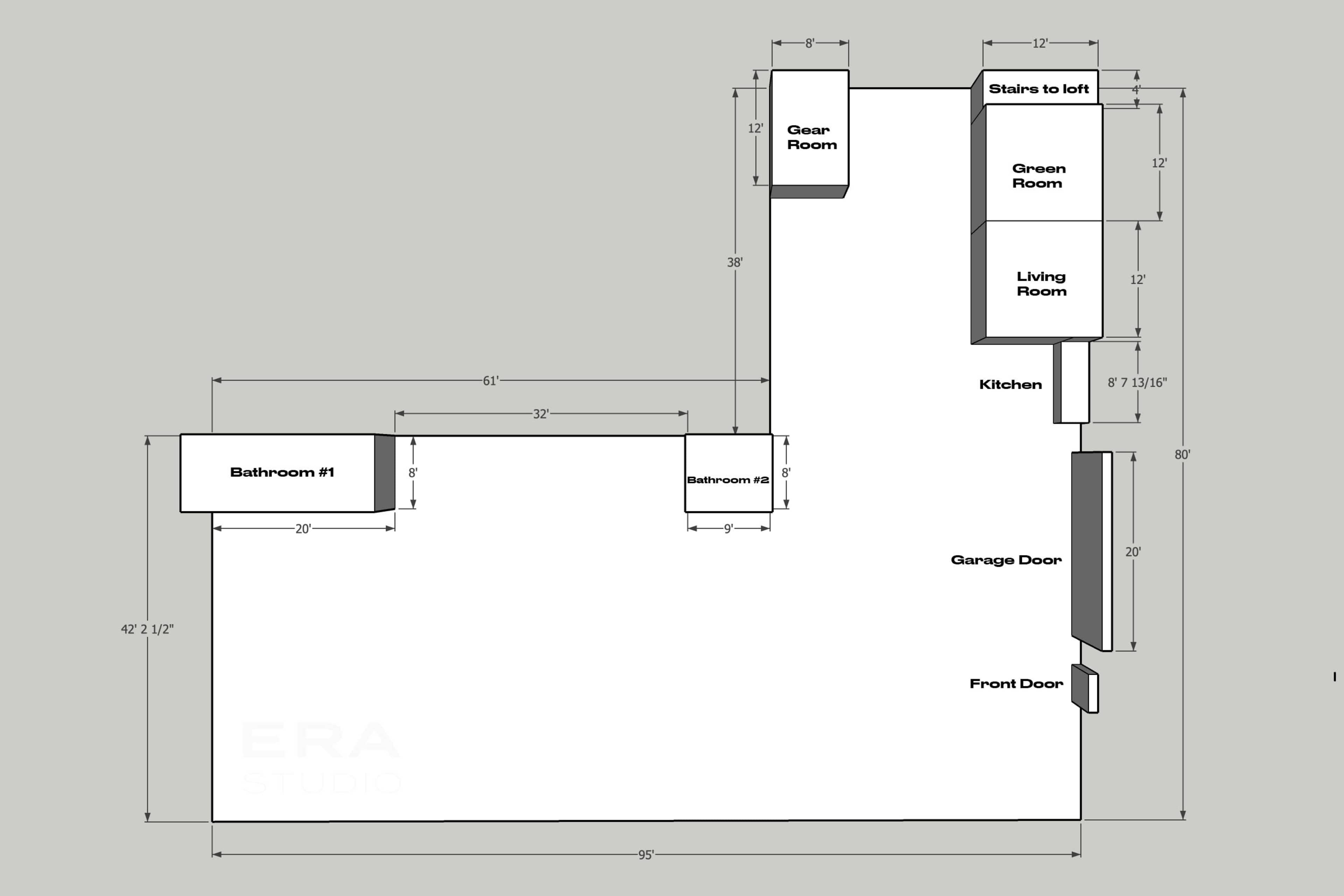 A floor plan of a building layout, including labeled rooms such as a kitchen, living room, green room, and bathrooms, along with dimensions for each space.