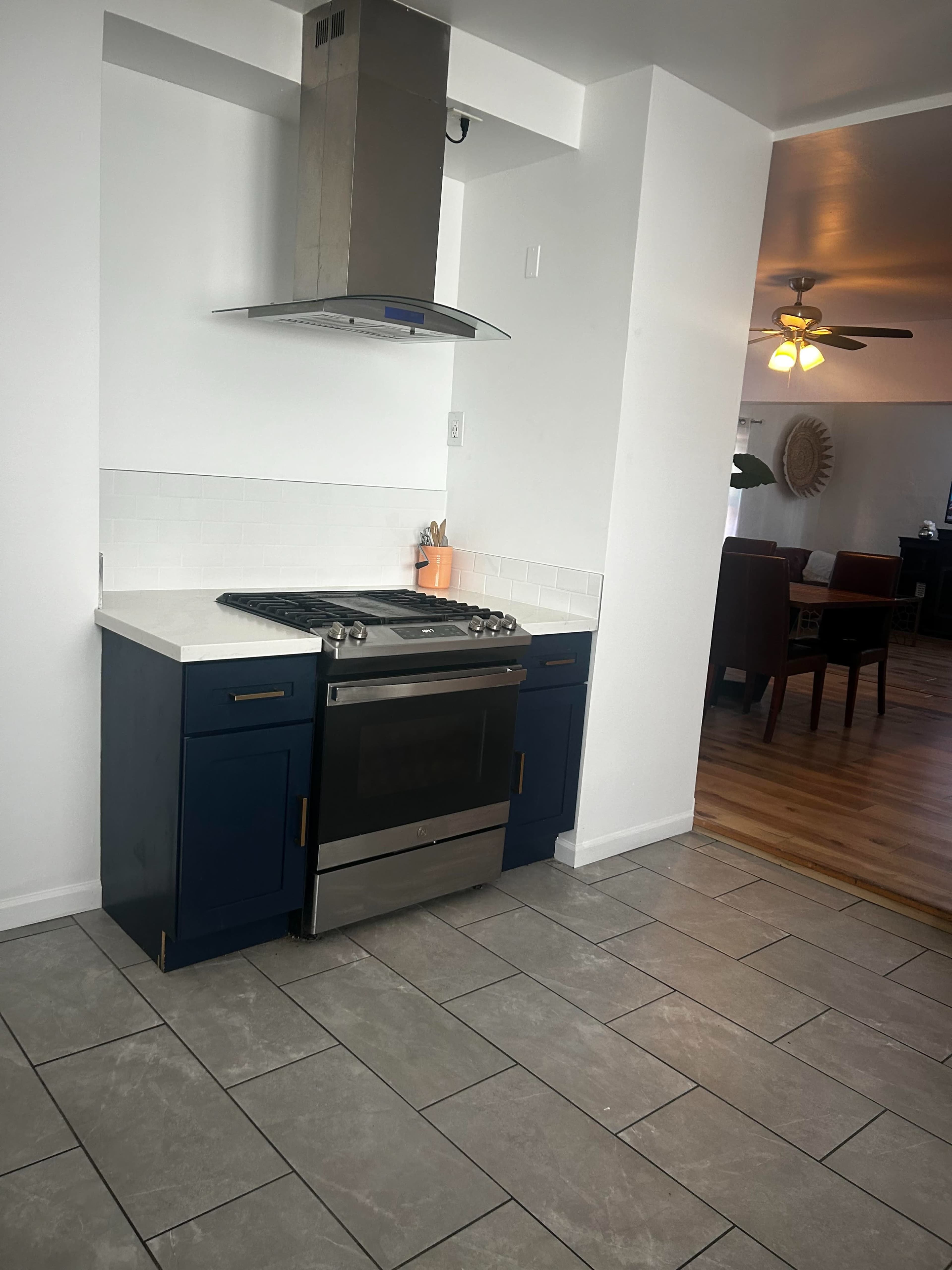 The image shows a kitchen area featuring a stainless steel oven, a gas stovetop, a hood vent, and blue cabinets against a white wall.