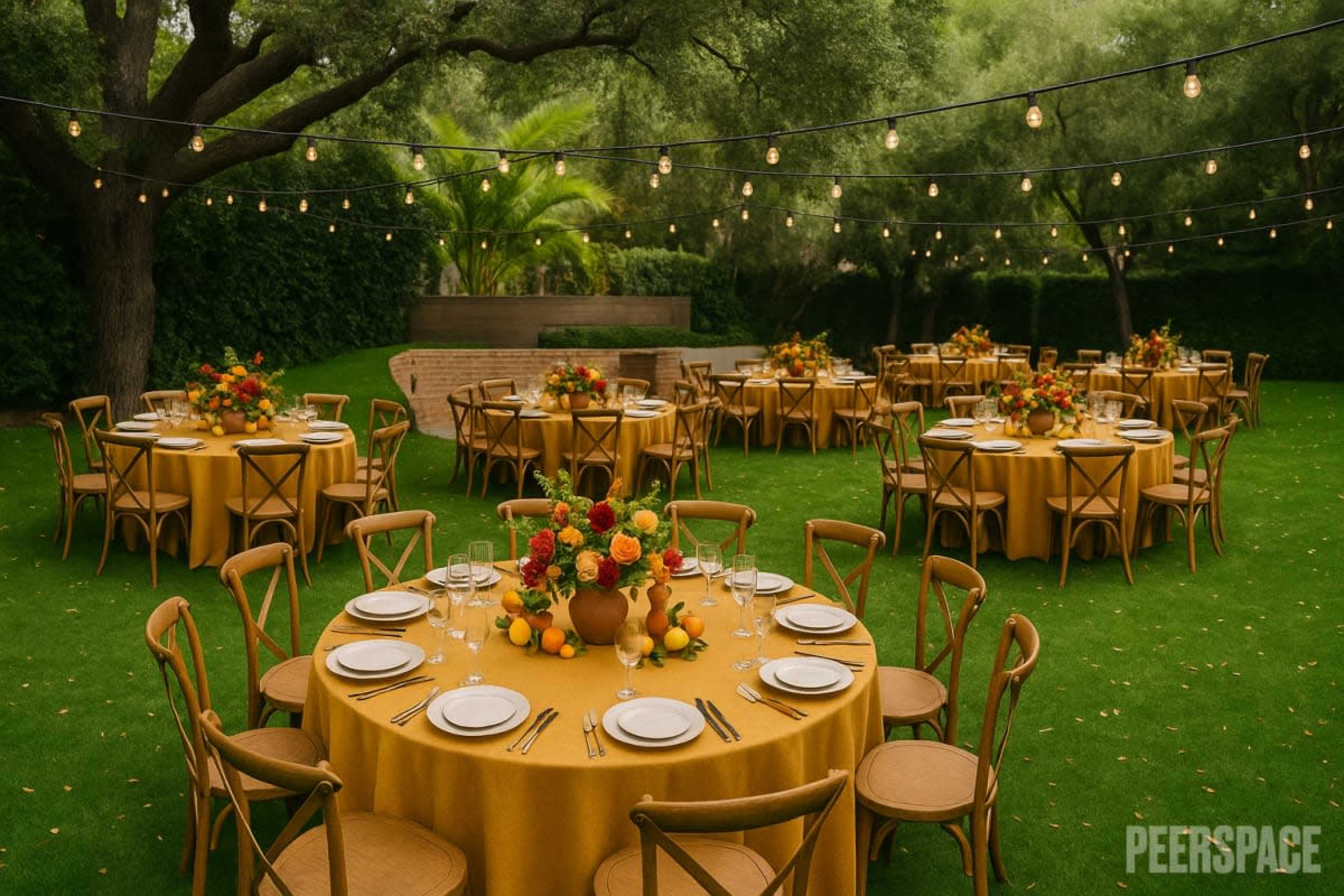 The image shows a garden setting with several round tables covered in yellow tablecloths, adorned with floral centerpieces and surrounded by string lights.
