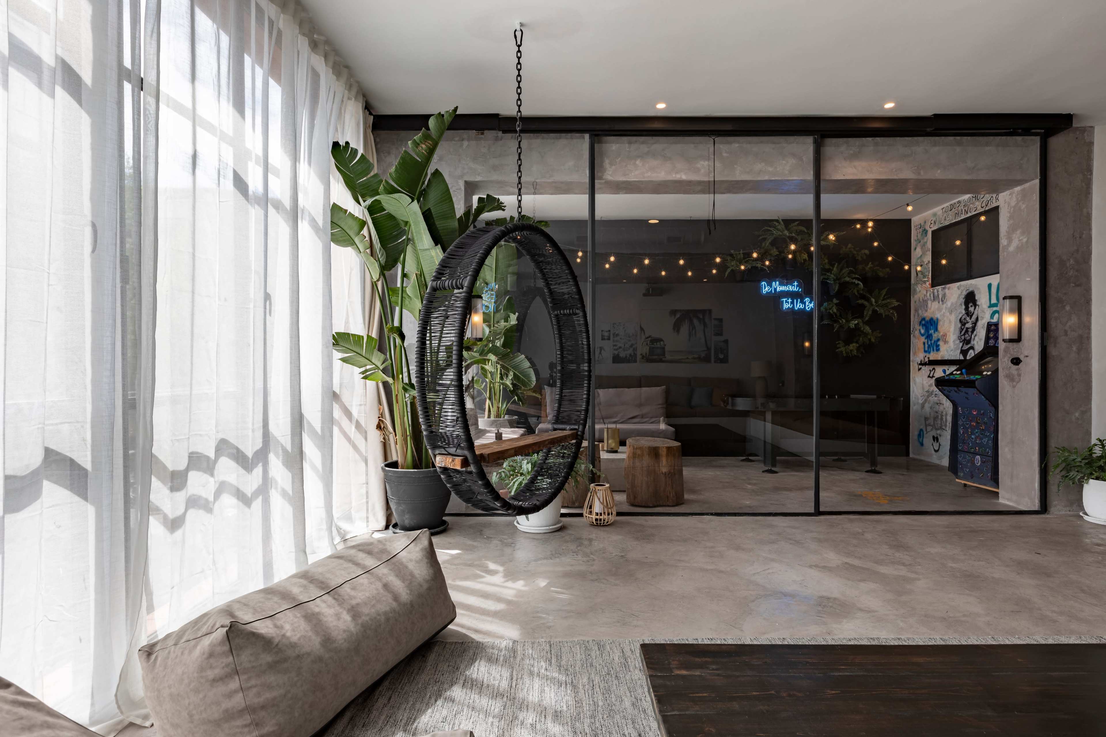 A modern living space featuring a hanging chair, large windows with sheer curtains, and a mix of indoor plants.