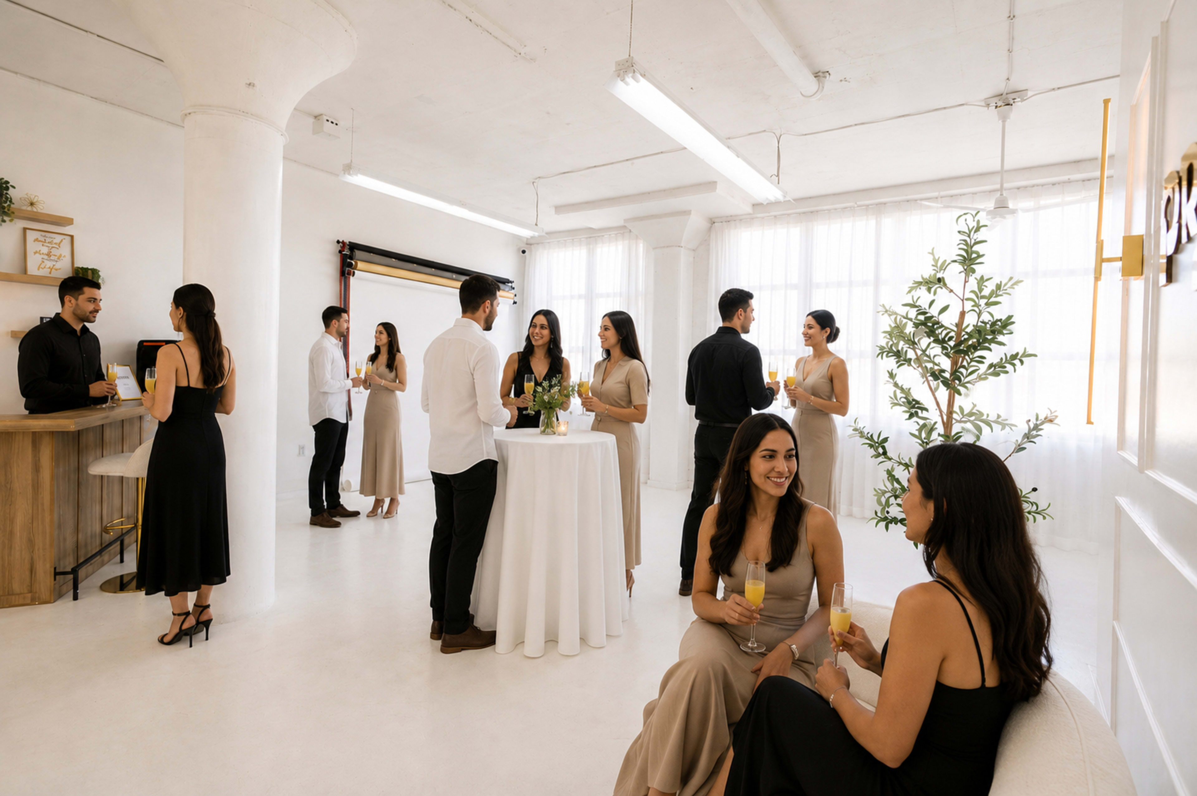 A group of elegantly dressed people socialize at a brightly lit indoor venue featuring mingling, a bar area, and a decorative plant.