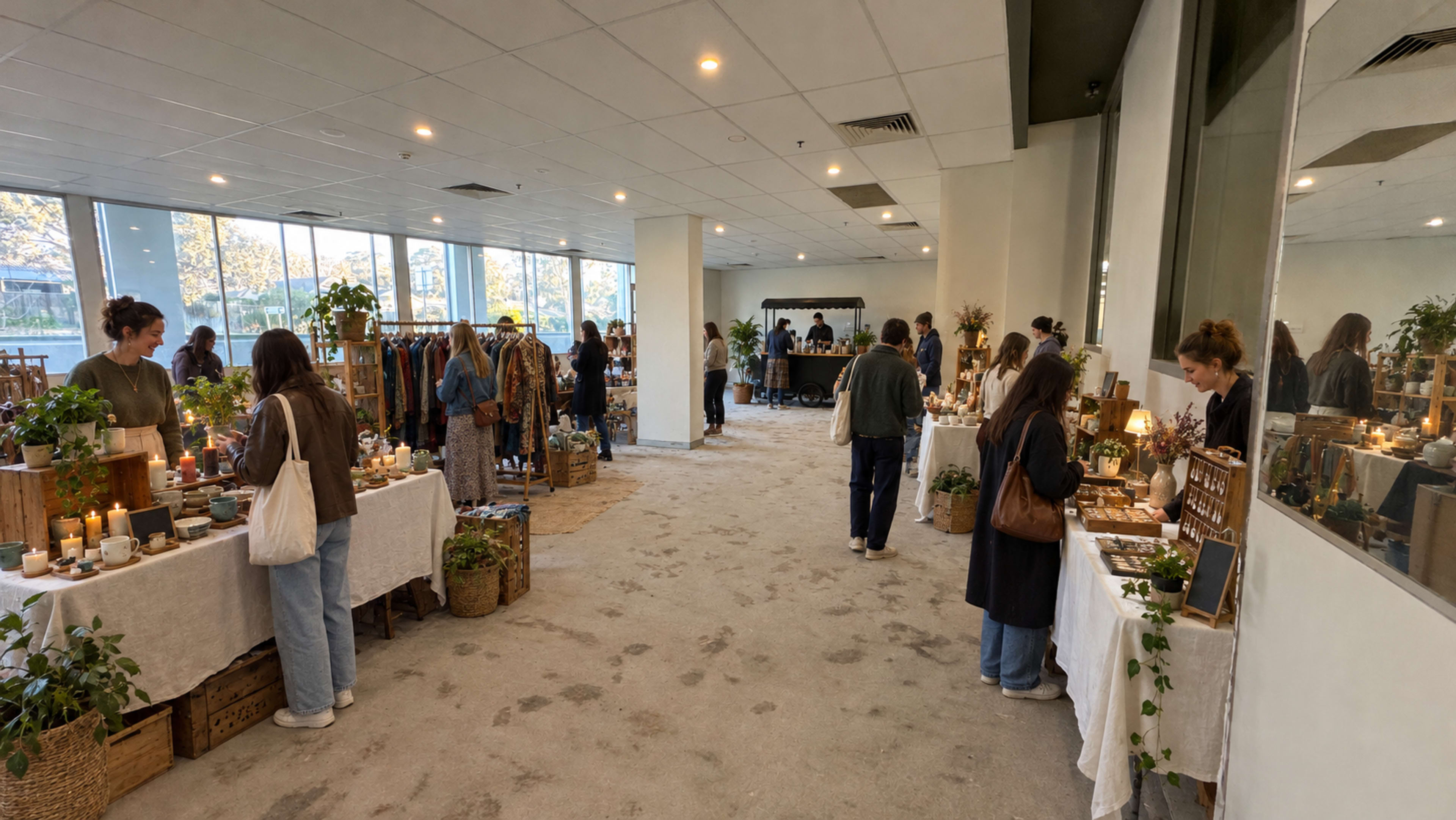 A group of people browse tables filled with plants, candles, and handmade goods in a brightly lit indoor market space.