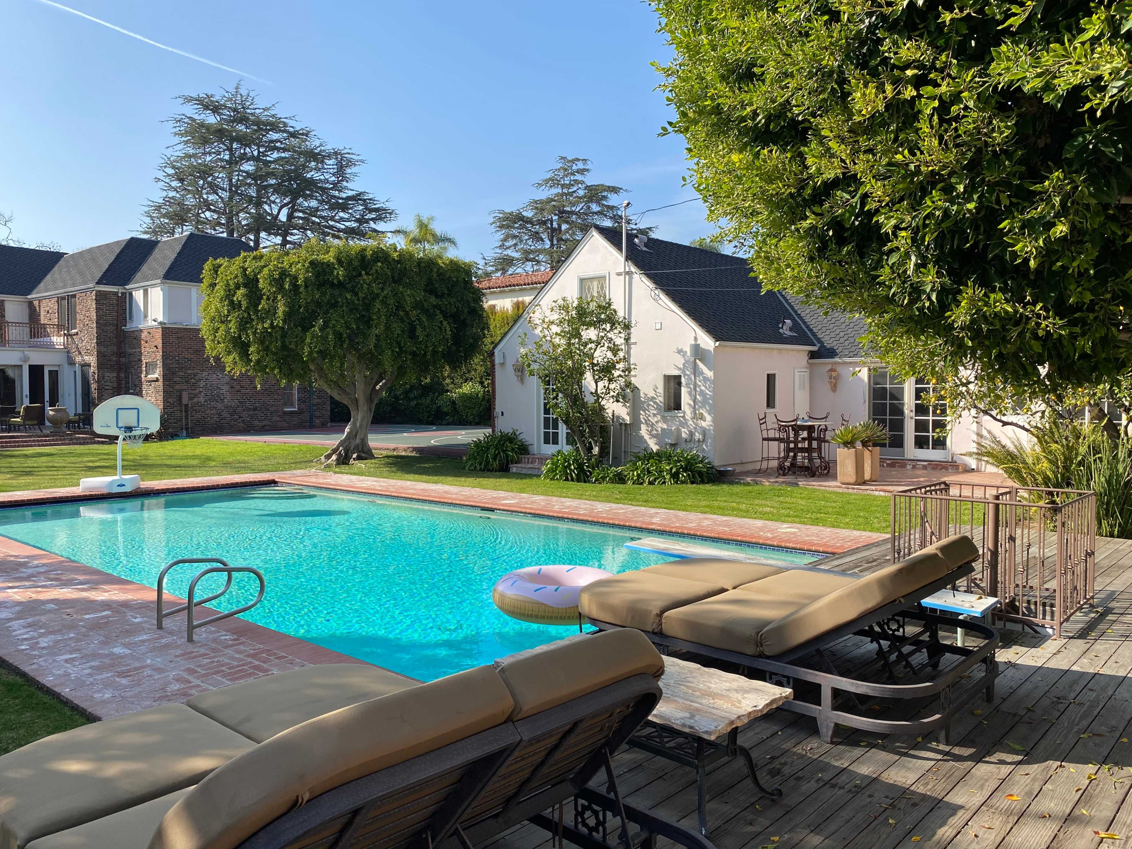 A backyard features a swimming pool surrounded by lounge chairs and a large tree, with a house visible in the background.