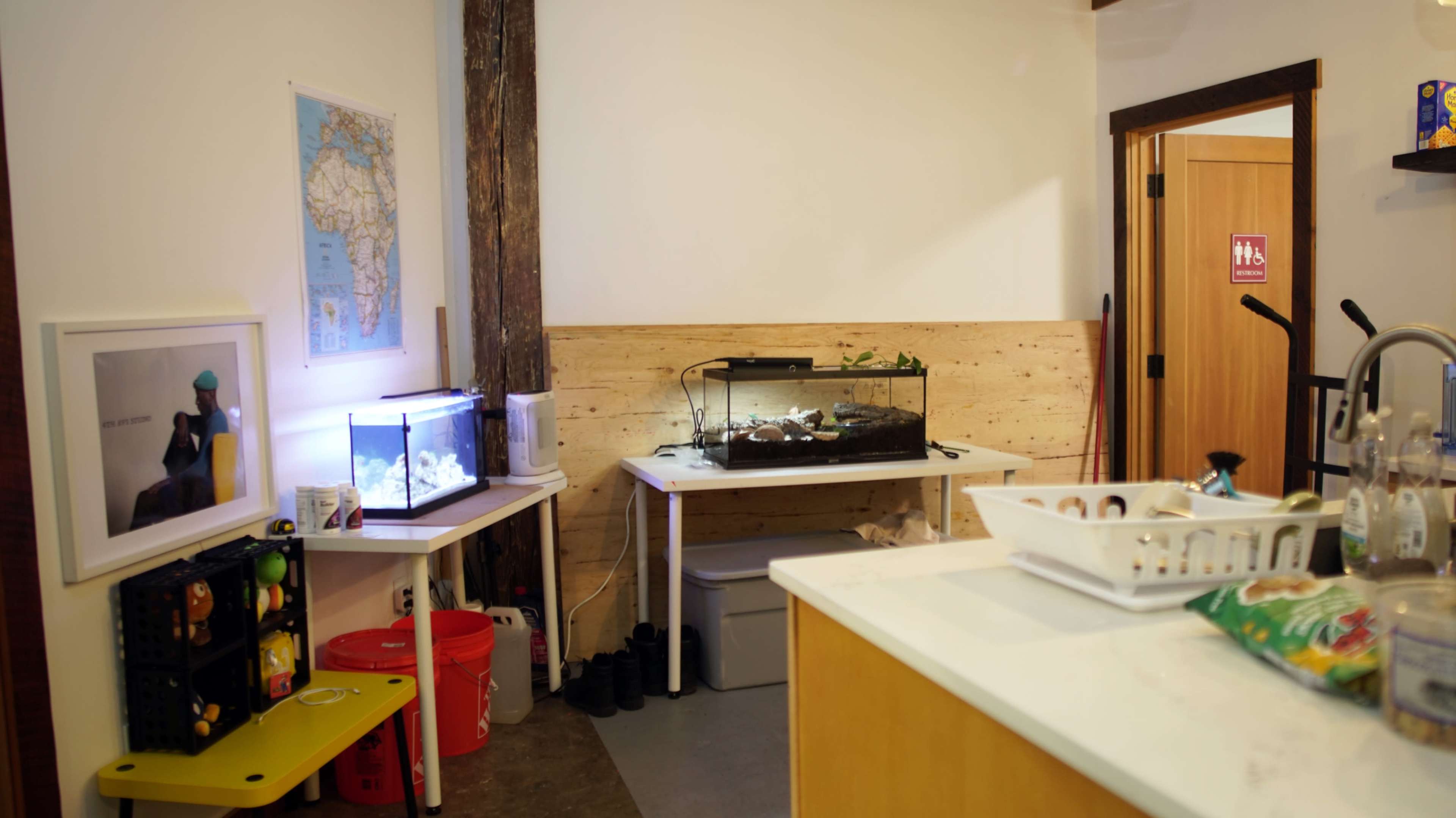 The scene shows a room with a large wall map, an aquarium, a table with various containers, and a countertop.